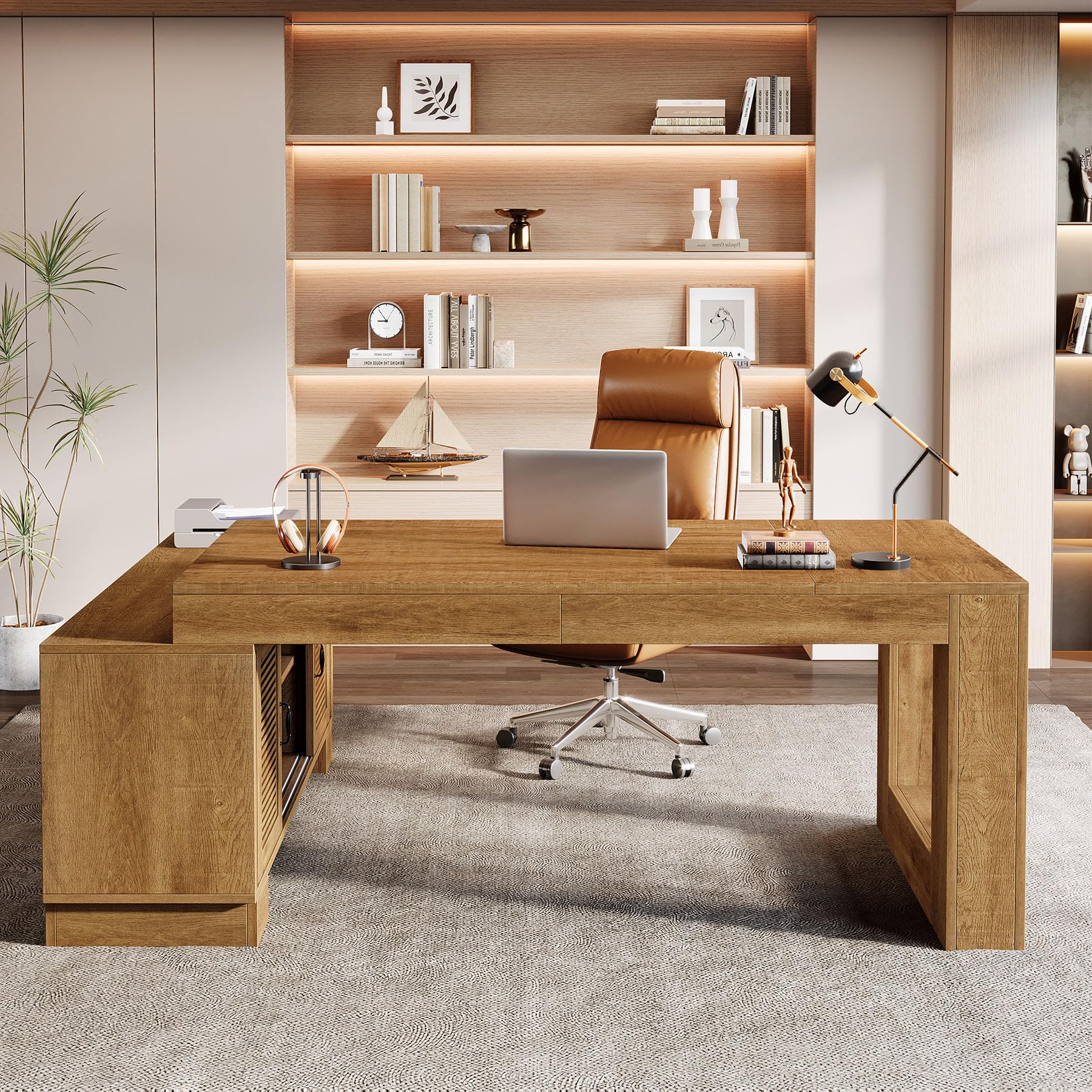 L-Shaped Executive Desk with Storage Cabinets and Shelf