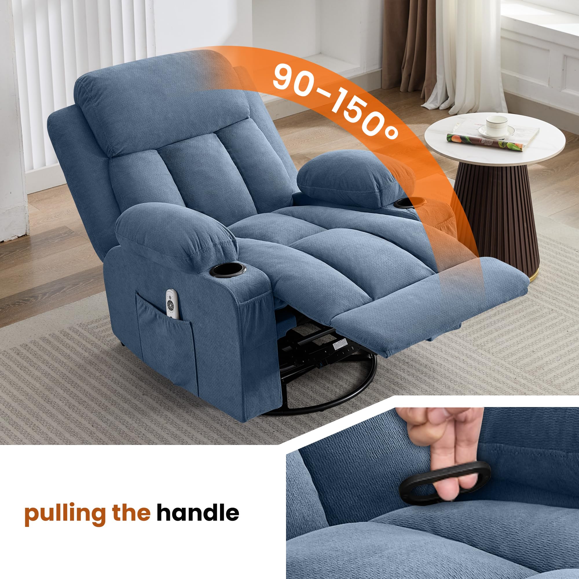MAHOMICO Swivel Rocker Recliner Chair with Vibration Massage and Heat for Living Room,with Rocking Function and Side Pocket, USB Charge Port,2 Cup Holders