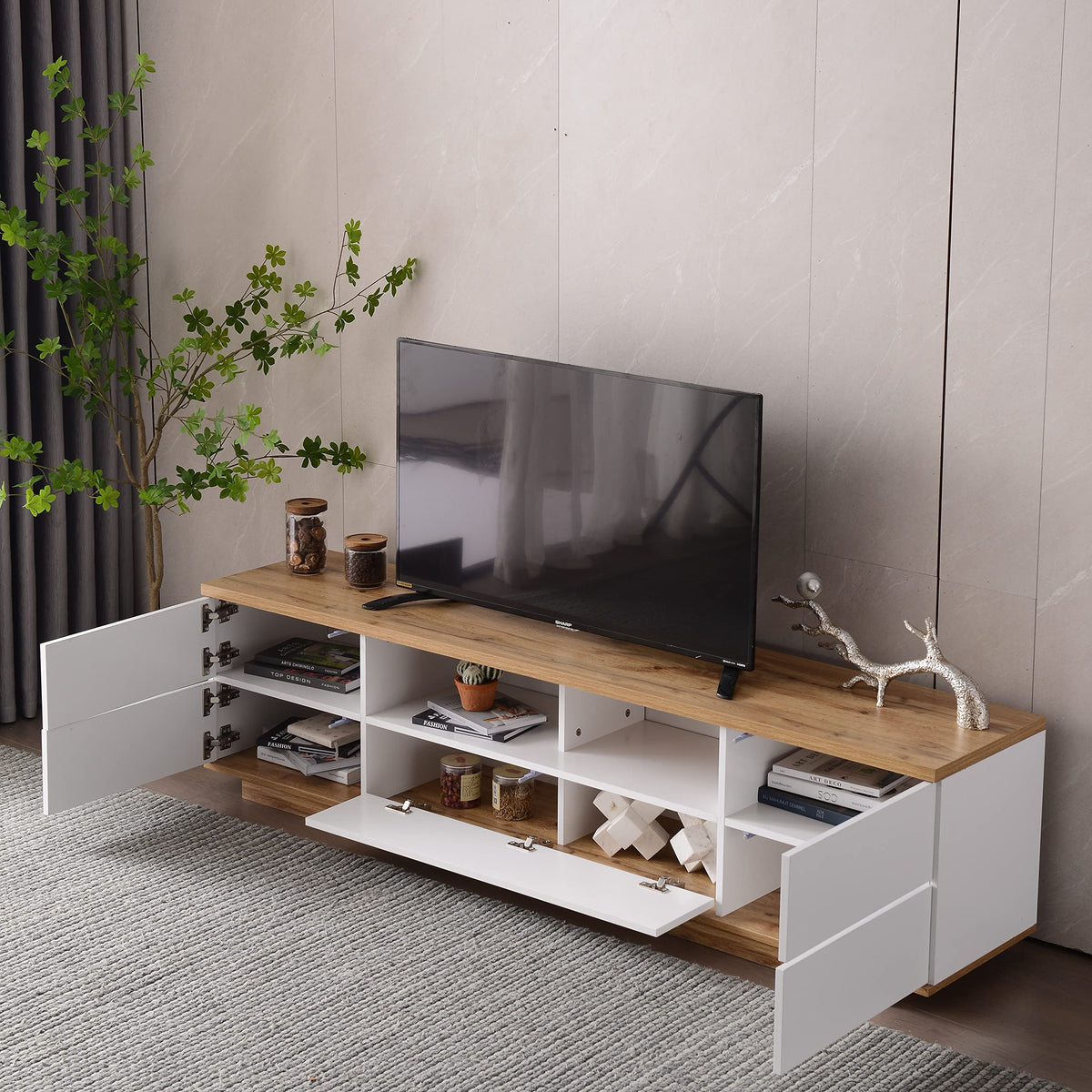 Modern Television Stand with 6 Cabinets & 2 Open Storage Spaces