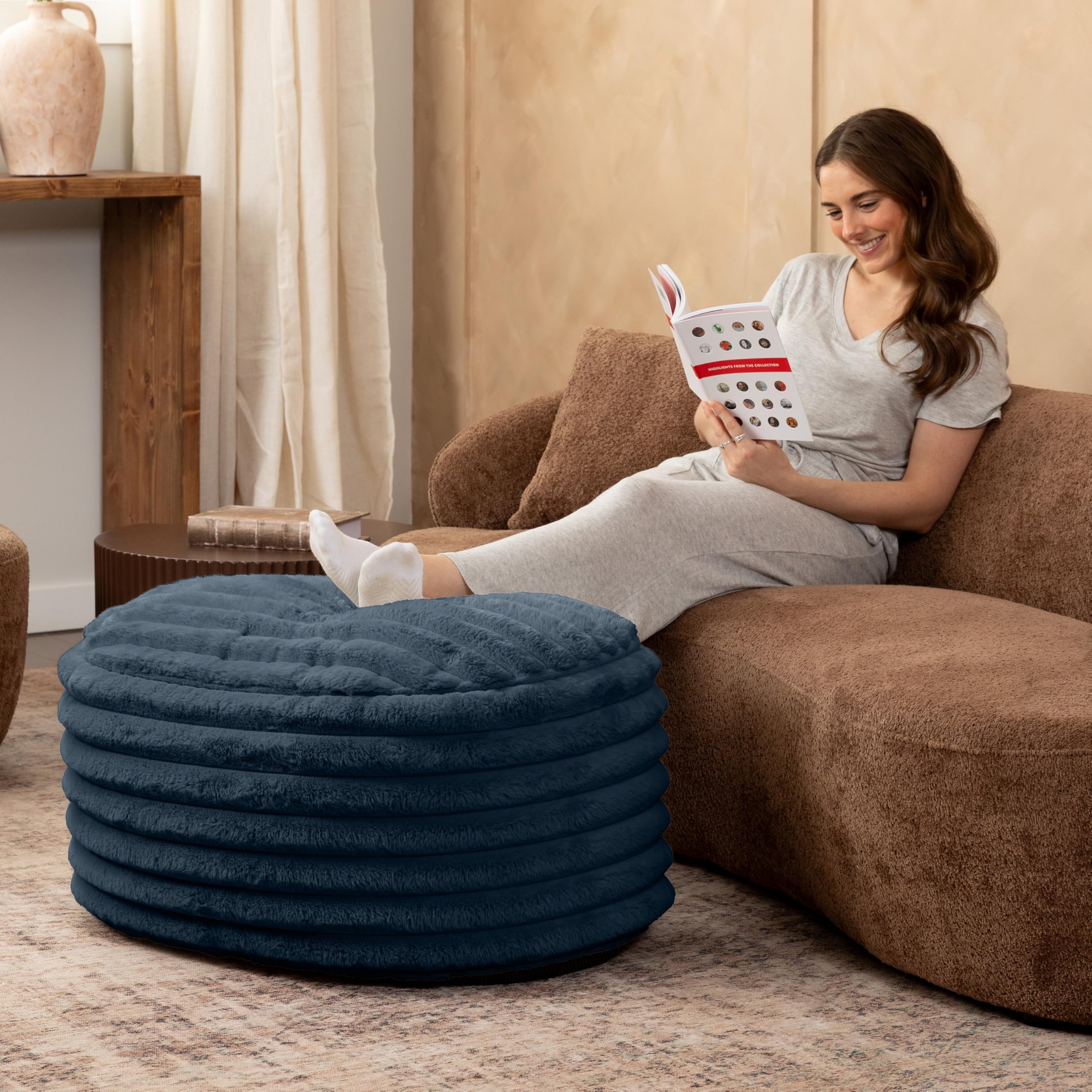 Faux Fur Accent Pouf Ottoman - Large Midnight Blue