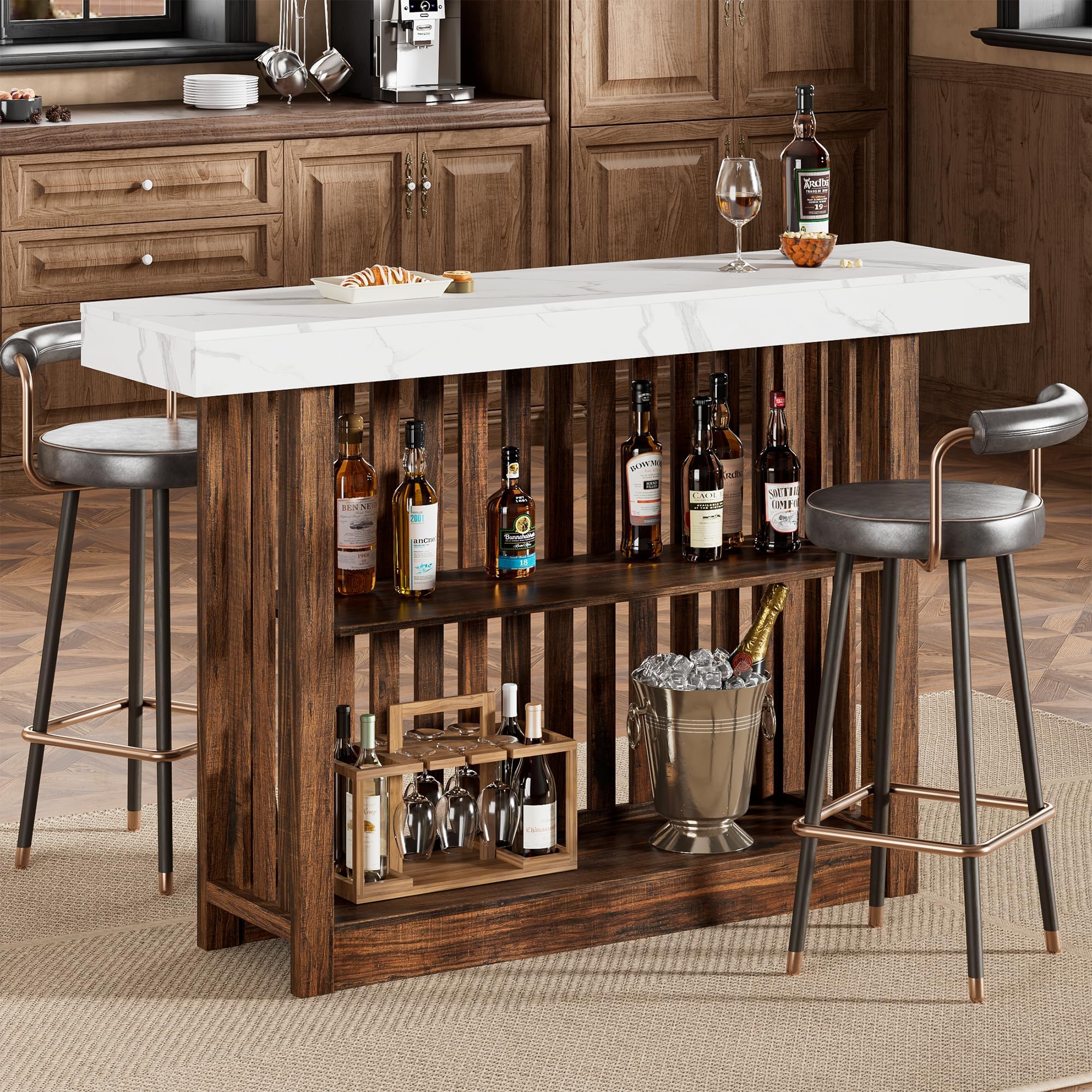 63" Counter Height Bar Table with Storage Shelves