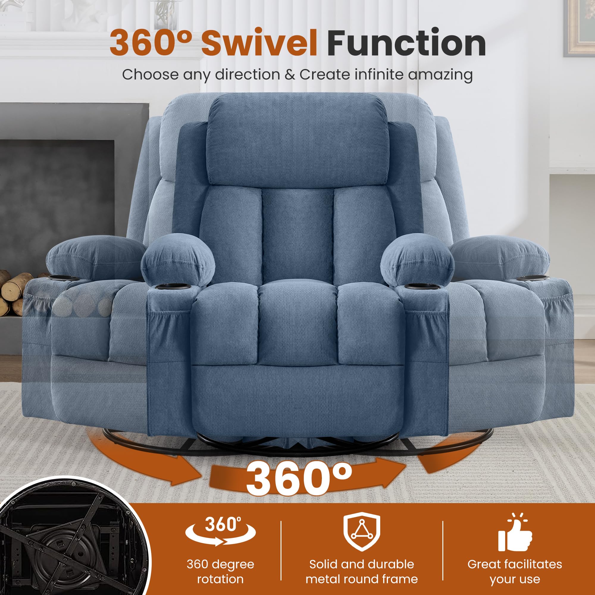 MAHOMICO Swivel Rocker Recliner Chair with Vibration Massage and Heat for Living Room,with Rocking Function and Side Pocket, USB Charge Port,2 Cup Holders
