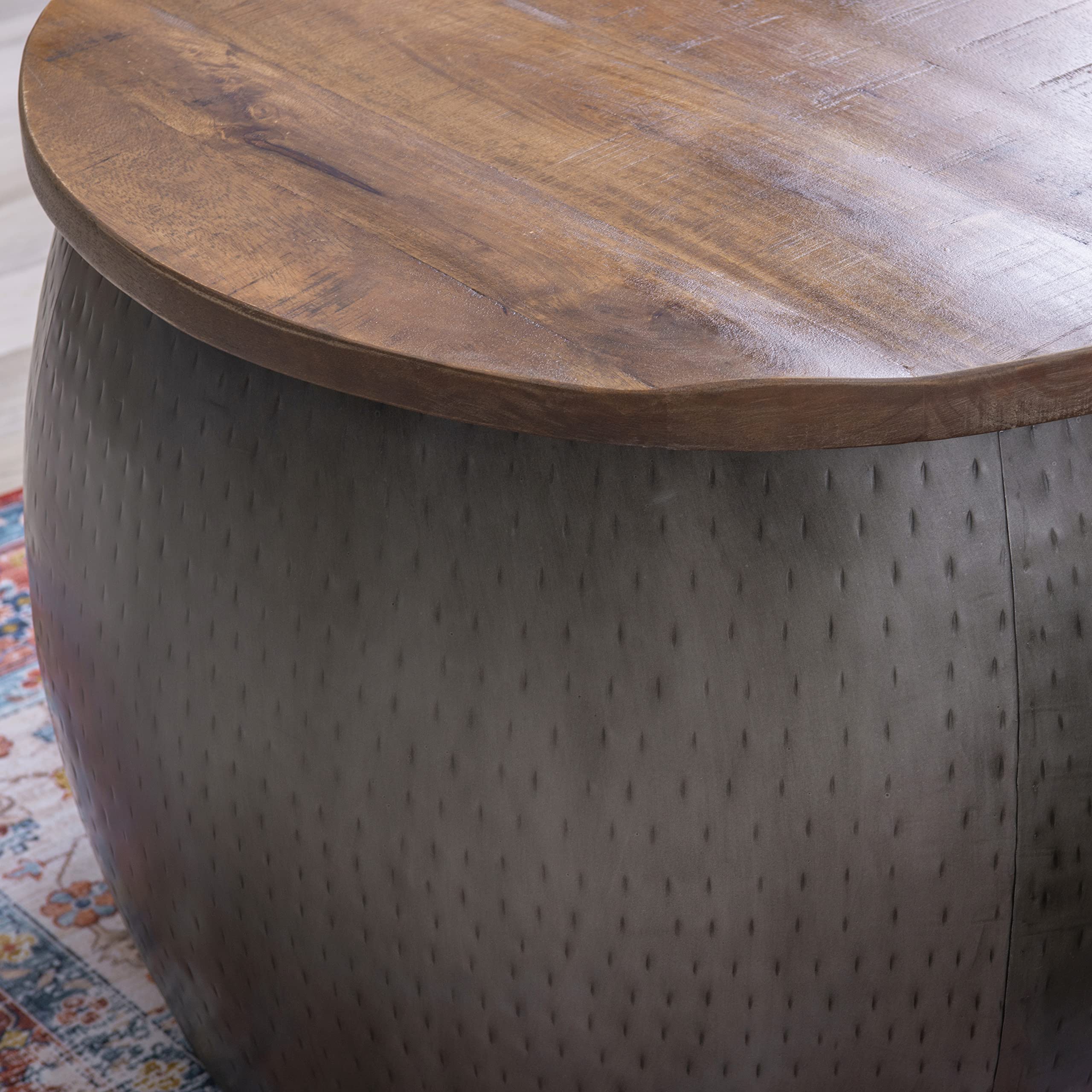Hammered Silver Drum Table with Natural Wood Lift Top