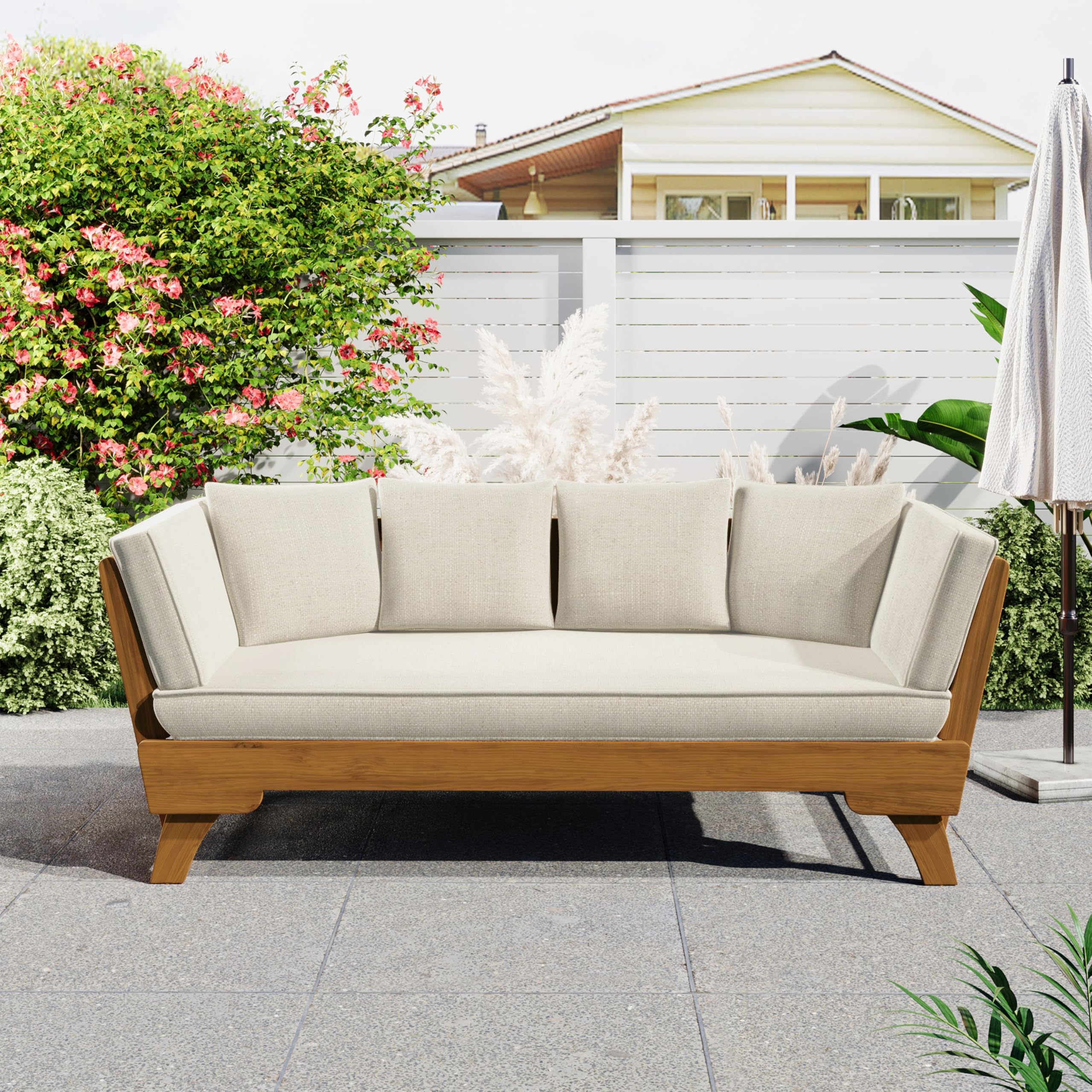 Gary Patio Convertible Daybed - 3-Seater Acacia Wood Outdoor Sofa
