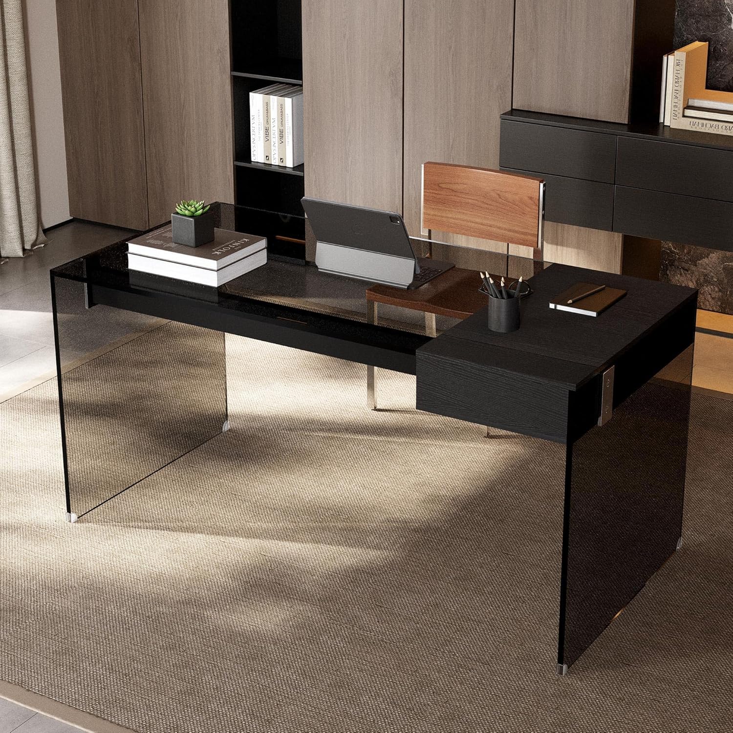 53.14" Modern Tempered Glass Executive Desk with Drawer