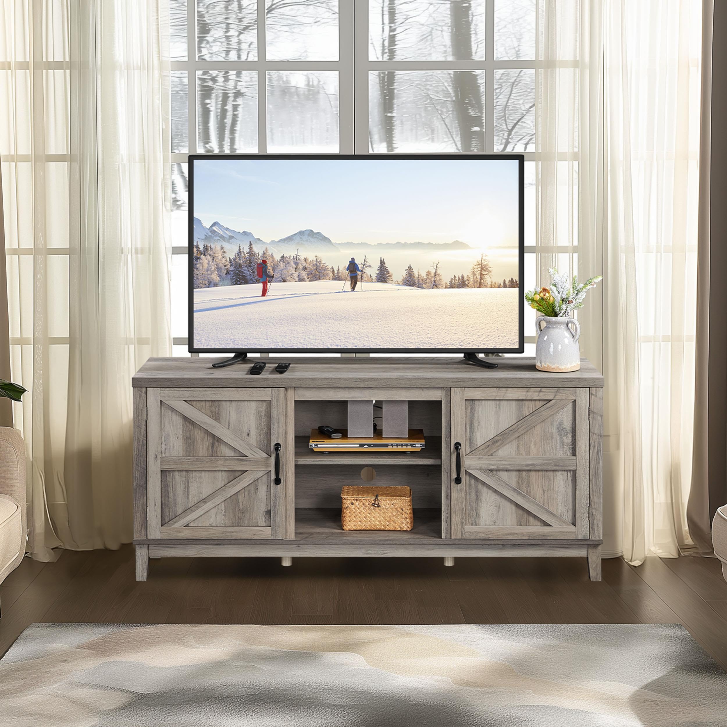 Farmhouse TV Console Table with Double Barn Doors
