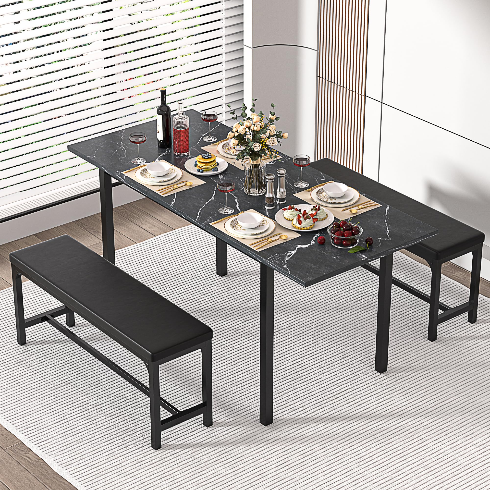 63" Extendable Dining Table Set with Benches