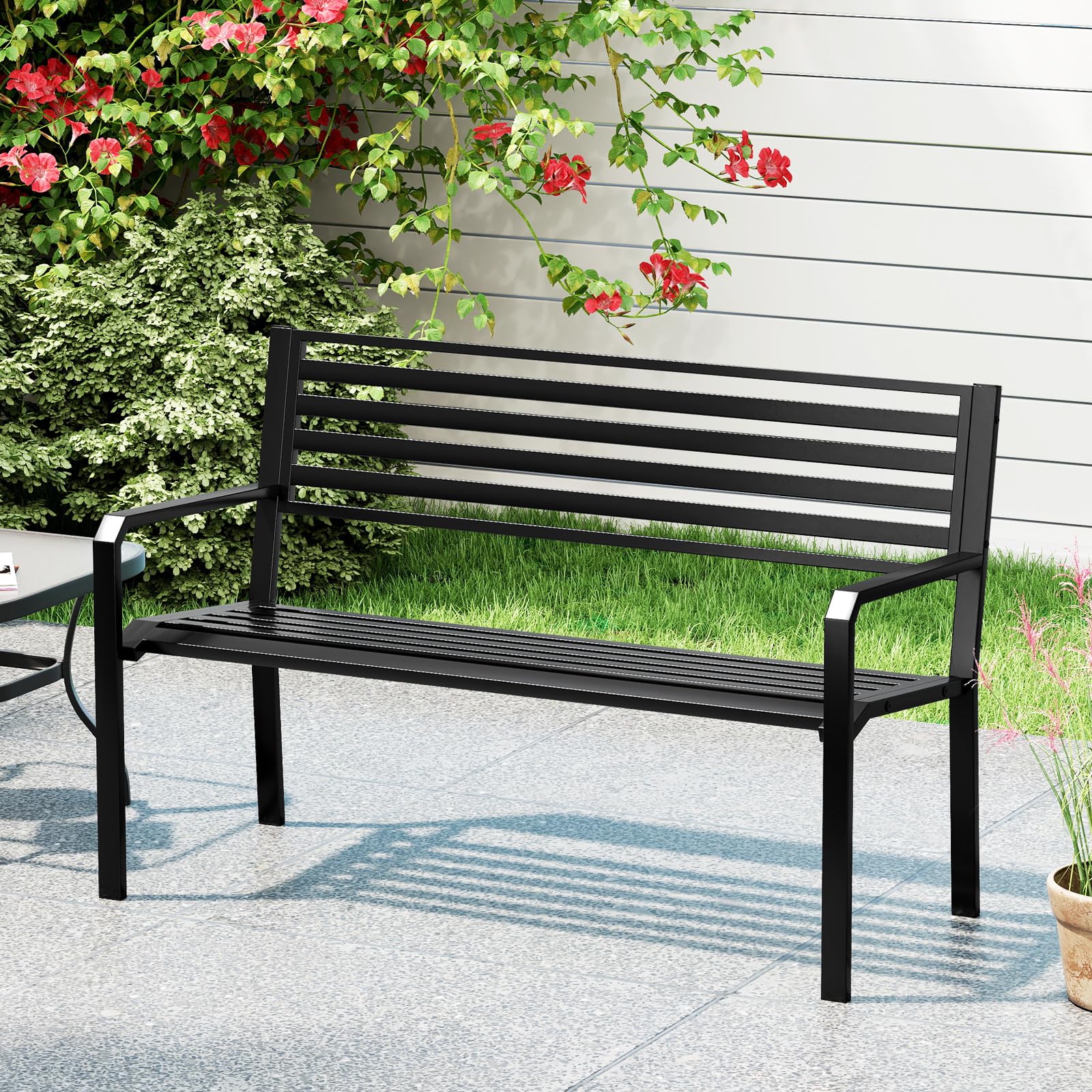 50" Outdoor Metal Park Bench with Armrests and Backrest