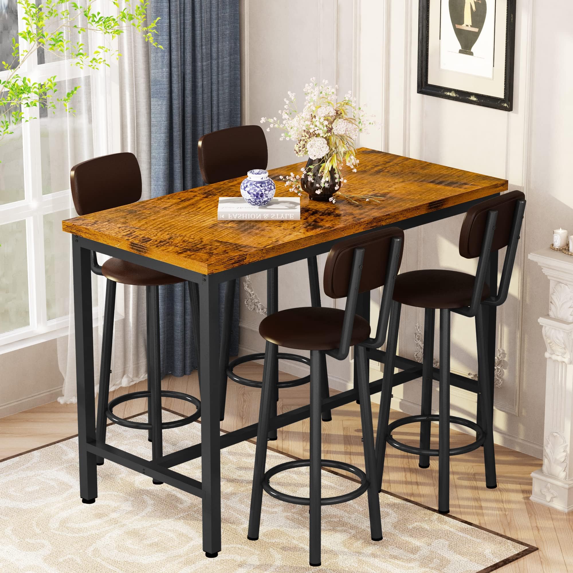 Bar Table Set for 4 with Upholstered Stools