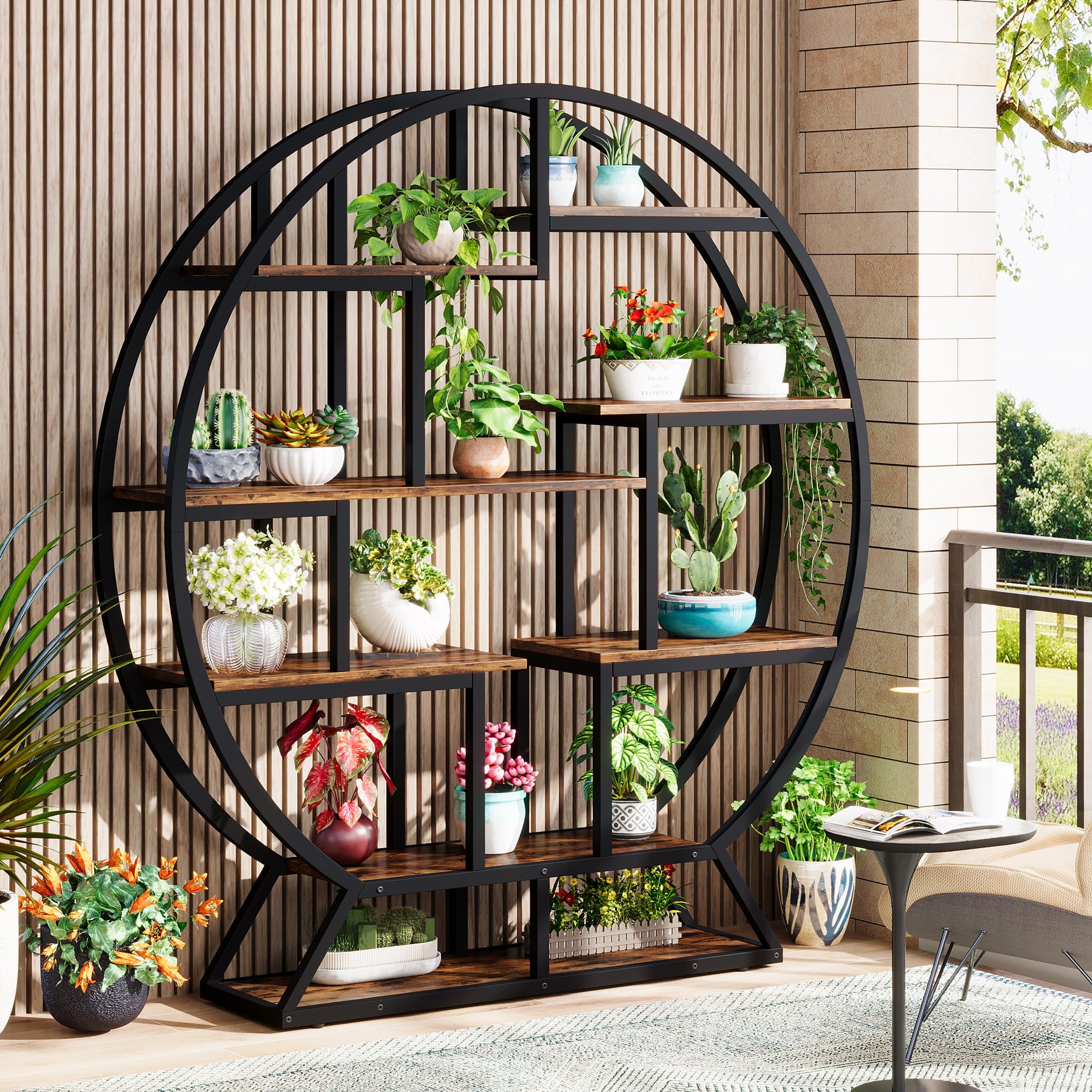 63 Inch Round Industrial Bookshelf with Staggered Shelves