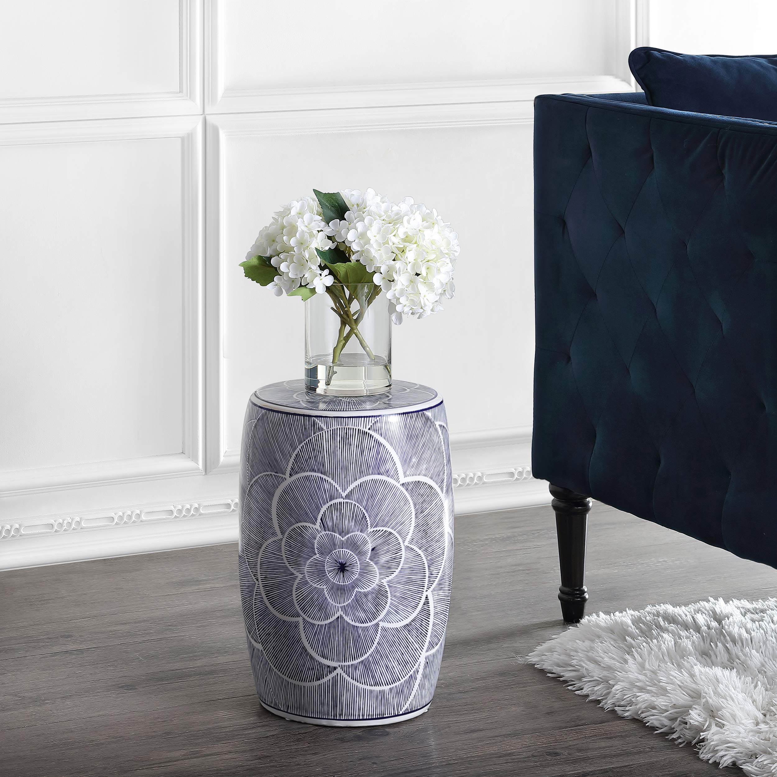 Ceramic Drum Garden Stool 17" Blue White Floral