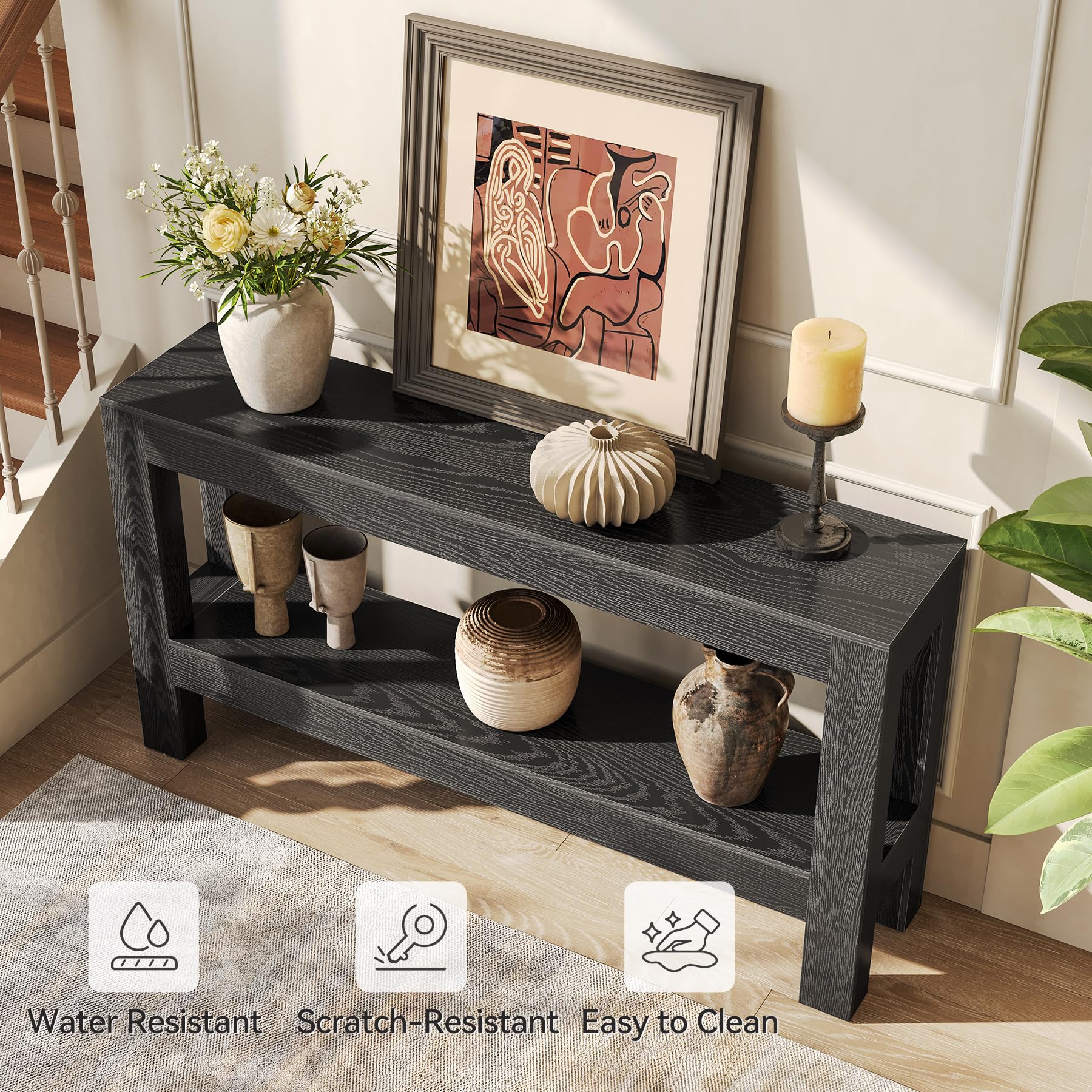 63-Inch Black Console Table with 2-Tier Storage Shelves