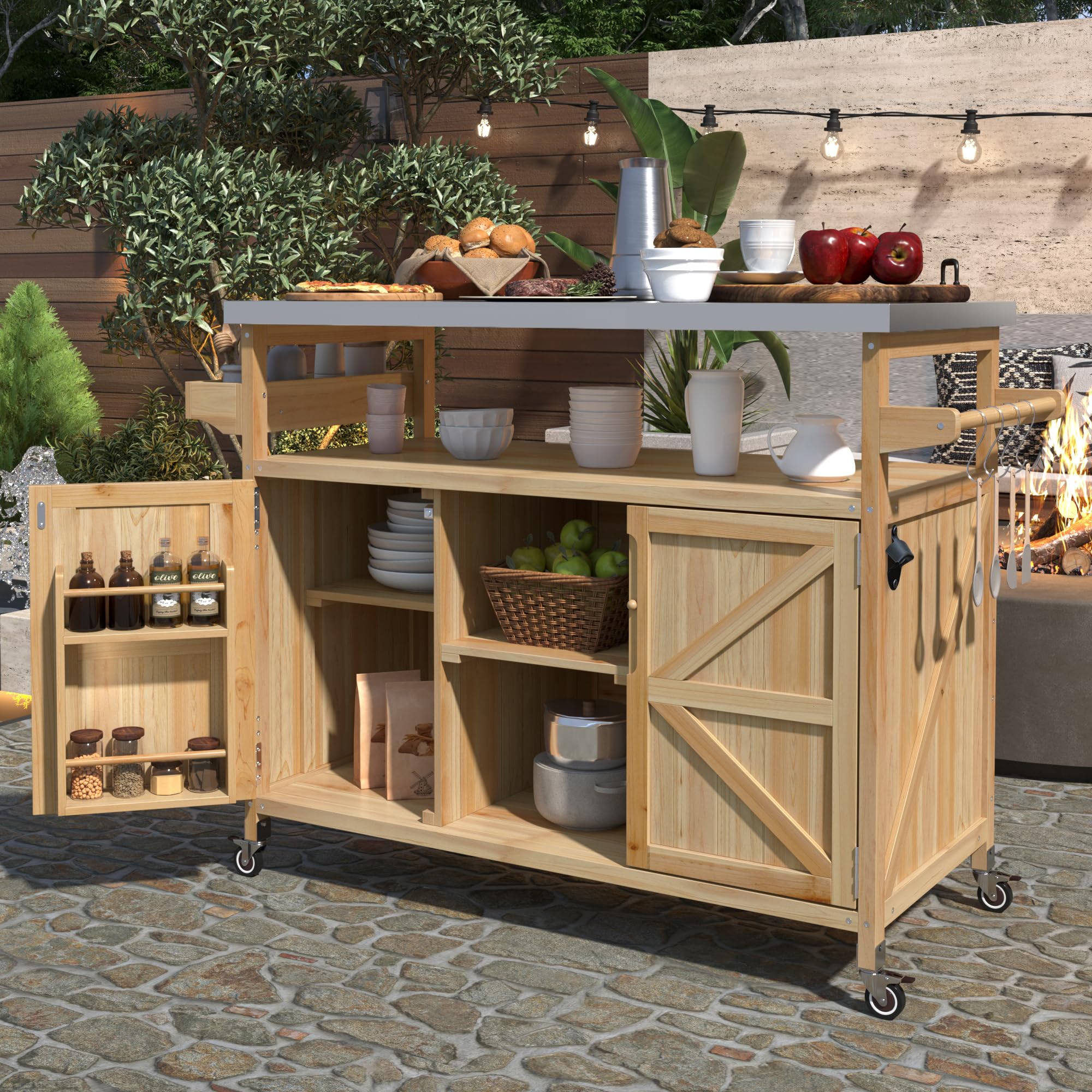 Outdoor Kitchen Island on Wheels with Stainless Steel Top & Storage Cabinet – Natural Fir Wood