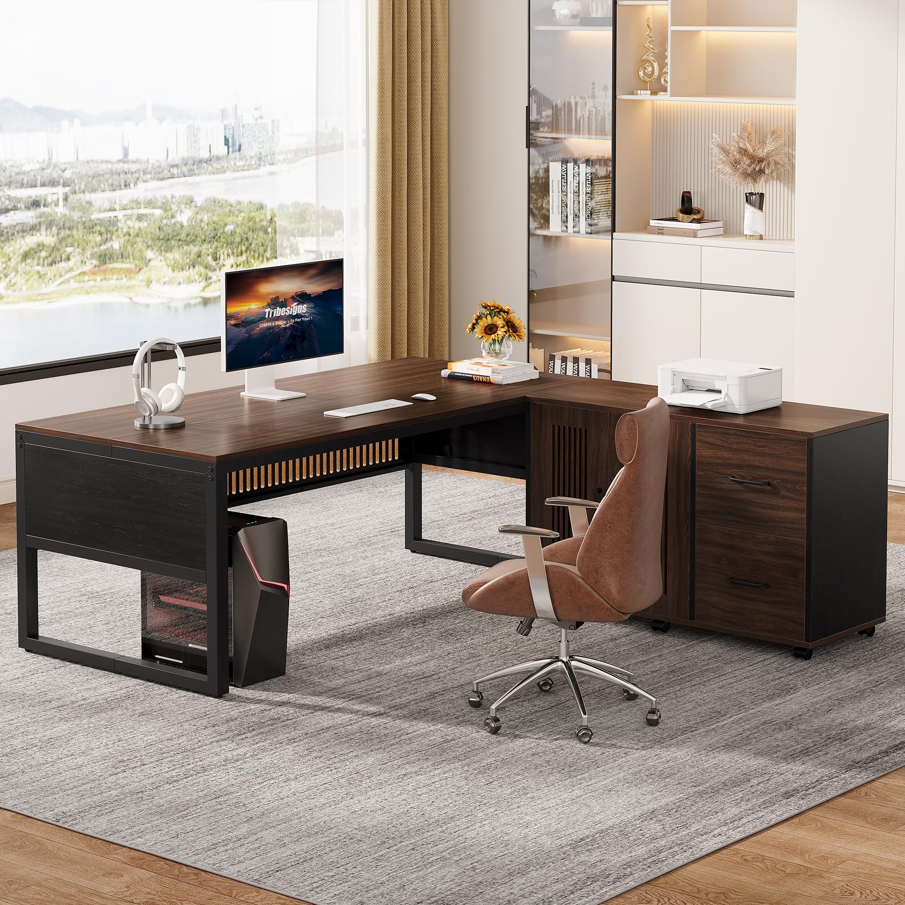 63-Inch L-Shaped Executive Desk with Mobile File Cabinet