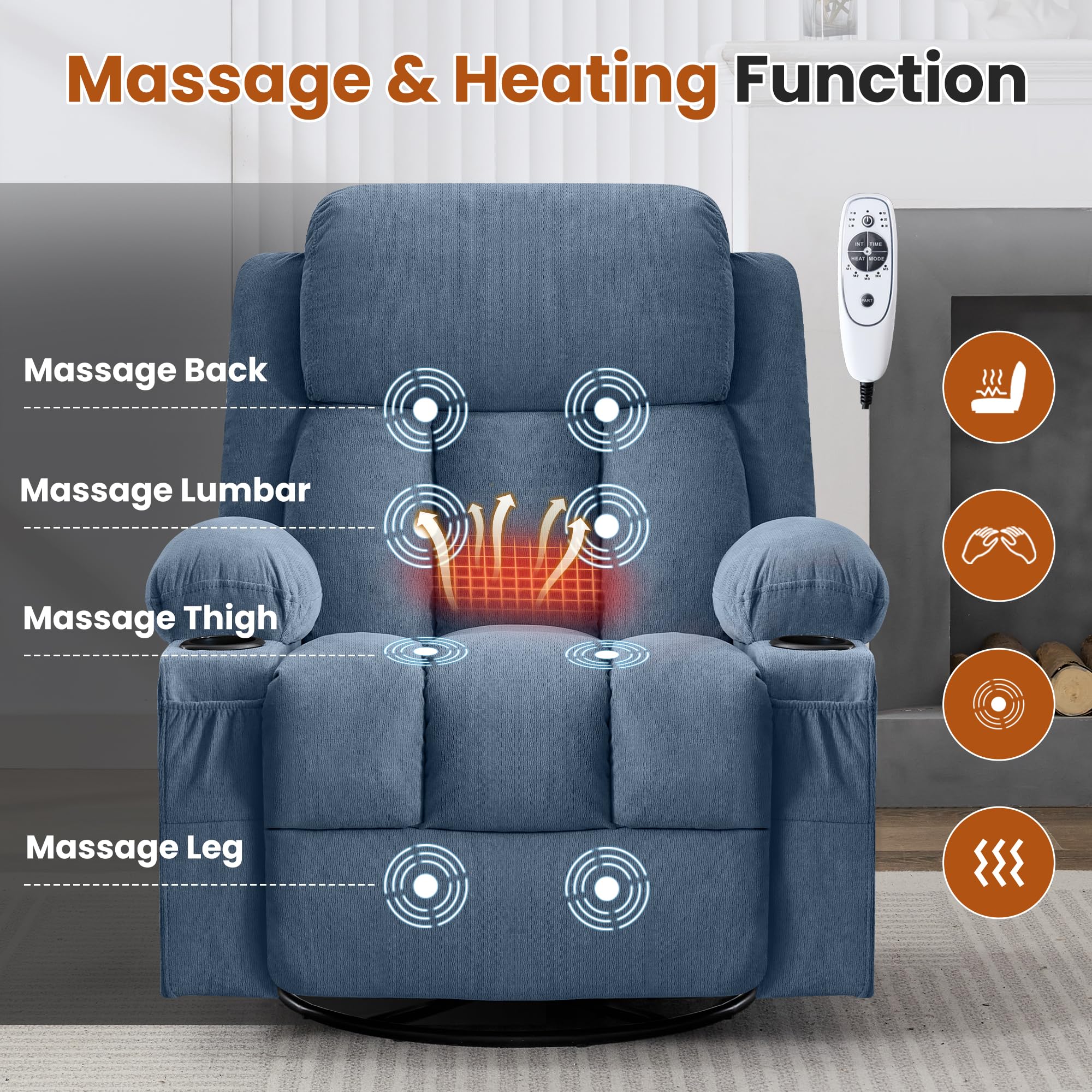 MAHOMICO Swivel Rocker Recliner Chair with Vibration Massage and Heat for Living Room,with Rocking Function and Side Pocket, USB Charge Port,2 Cup Holders