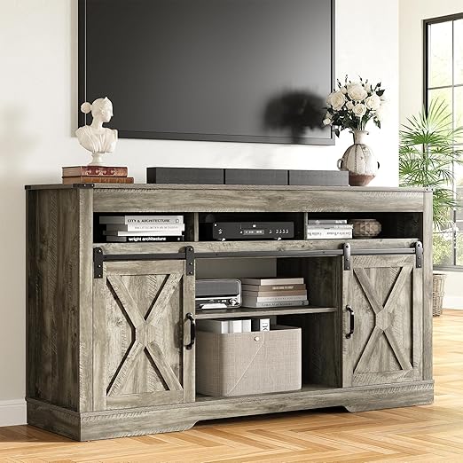 Farmhouse TV Stand for 65+ Inch TV with Storage Cabinets and Sliding Barn Doors
