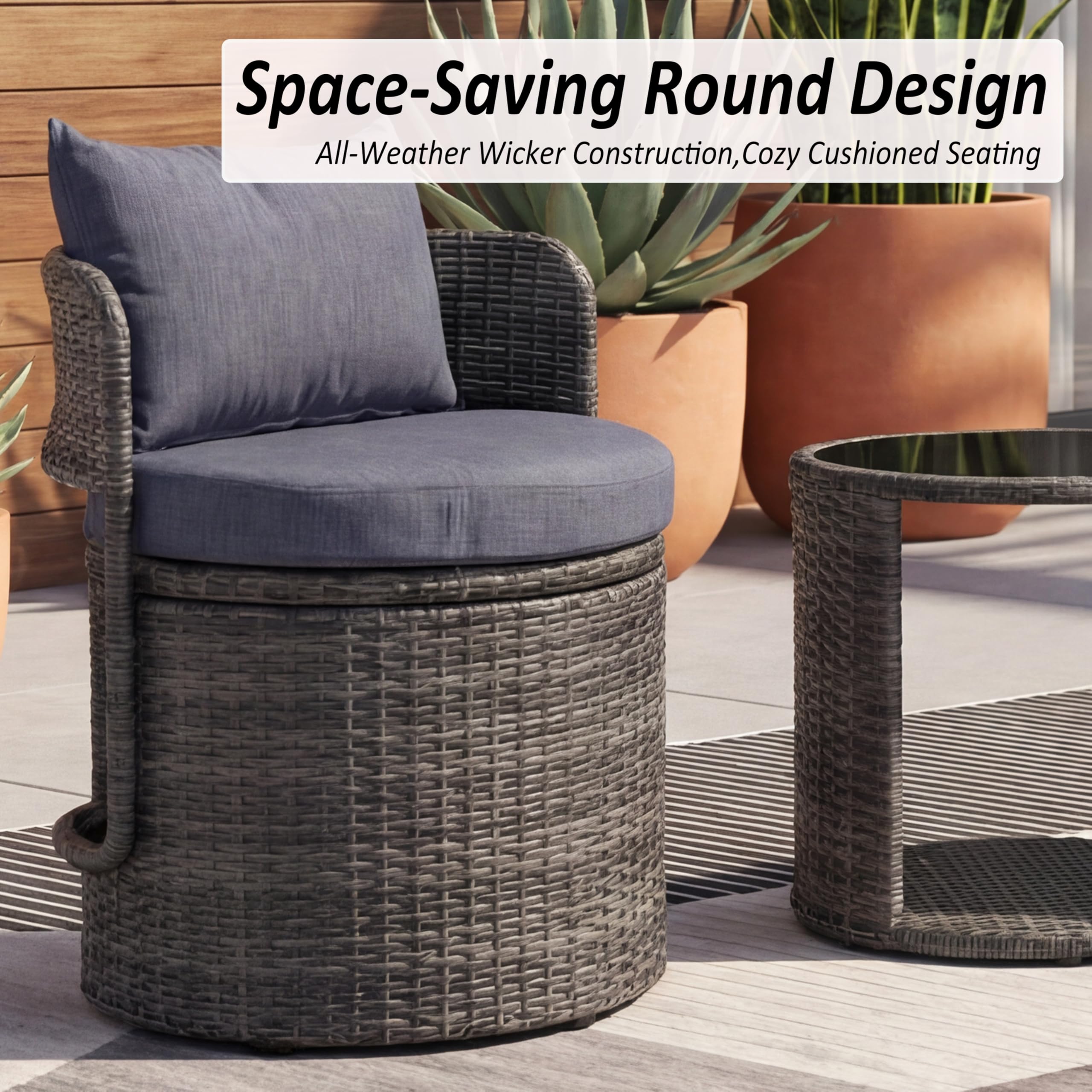 3 Piece Patio Bistro Storage Set, Outdoor Furniture Set with Glass Table, Modern Patio Porch Conversation Set, Wicker Patio Chair Set of 2 for Balcony, Garden, Outside, Blue