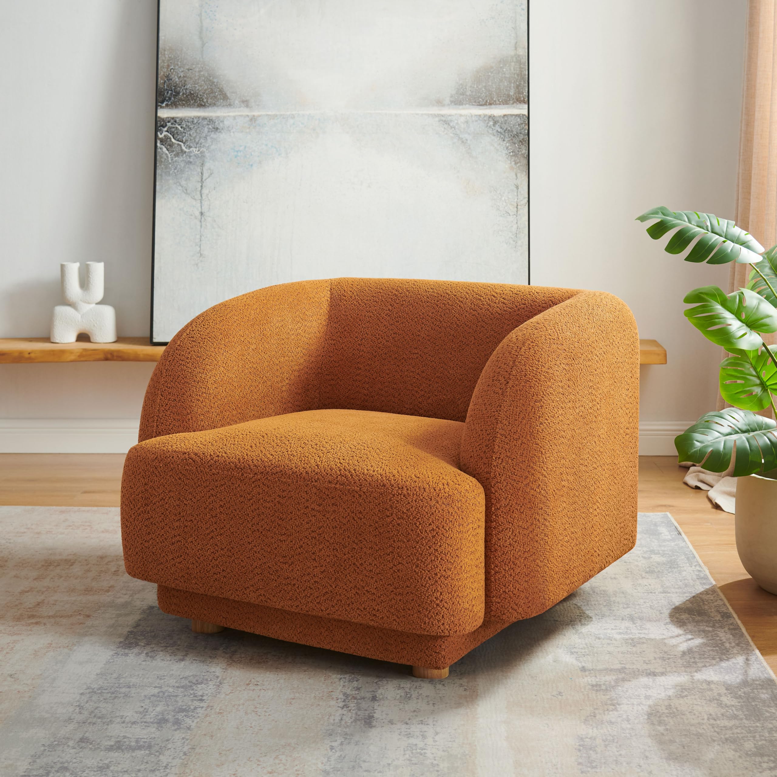 VANOMi Oversized Living Room Chair, Modern Comfy Accent Barrel Chairs, Single Sofa Chair with Wood Legs, Upholstered Armchair for Bedroom, Office, Waiting Room (Curry)