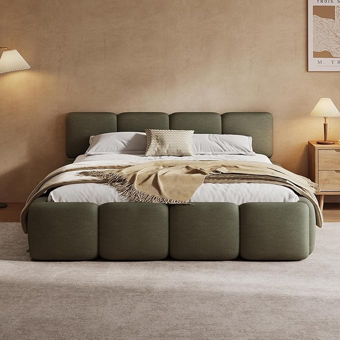 King Size Boucle Platform Bed with Thick Headboard