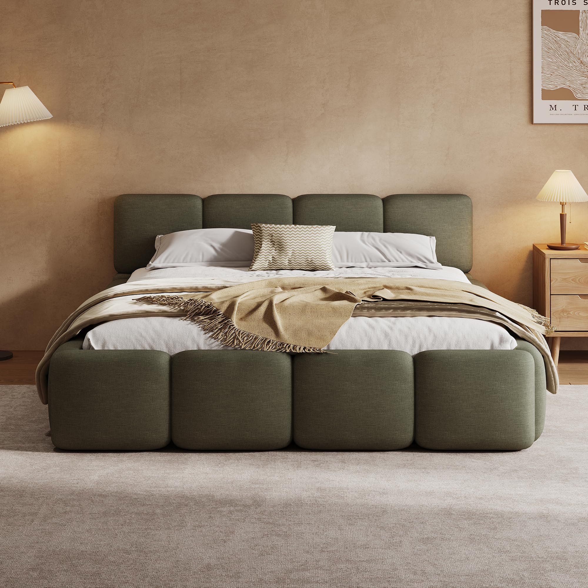 Linen Upholstered King Bed Frame with Headboard - Olive Green