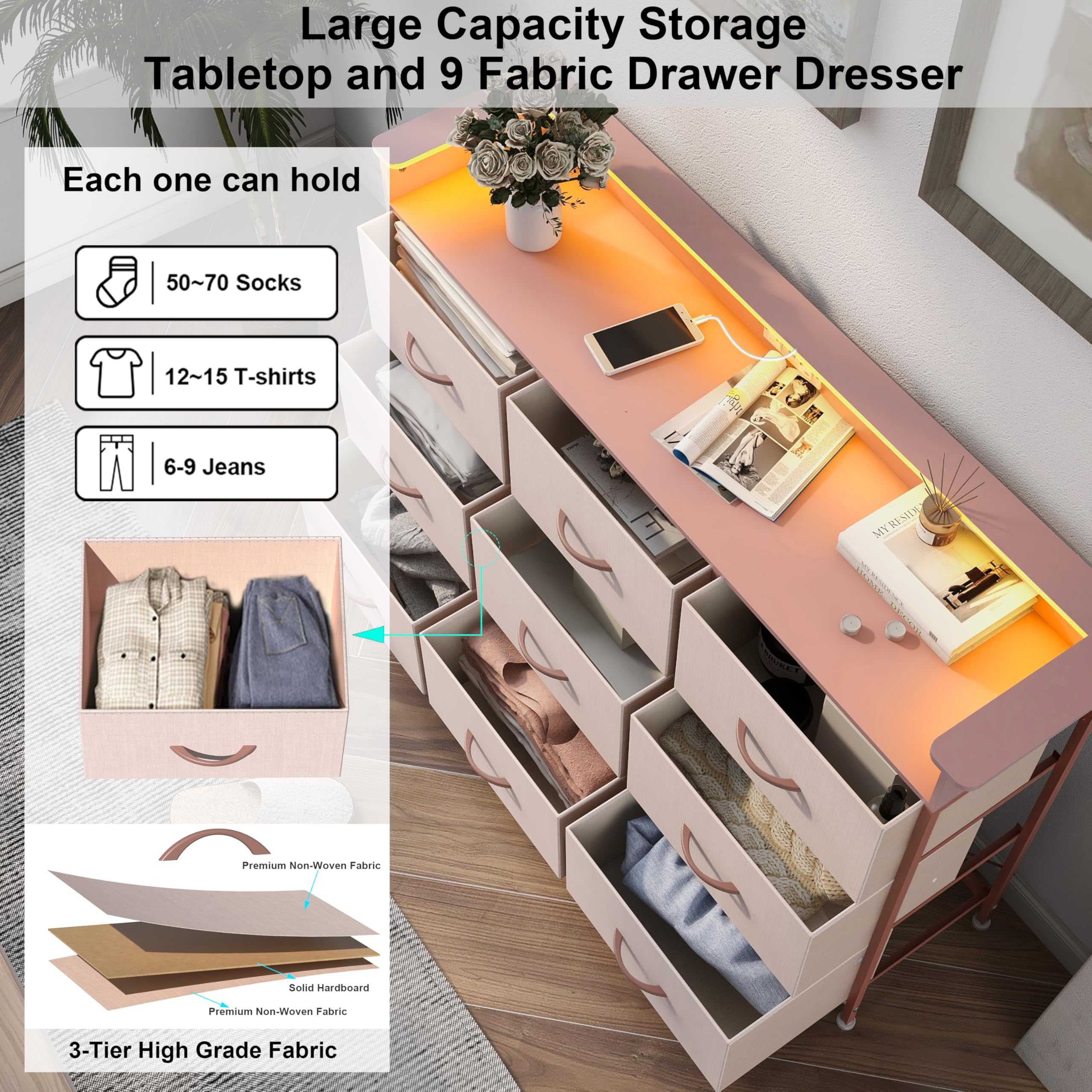 9-Drawer Dresser with LED Lights and Charging Station