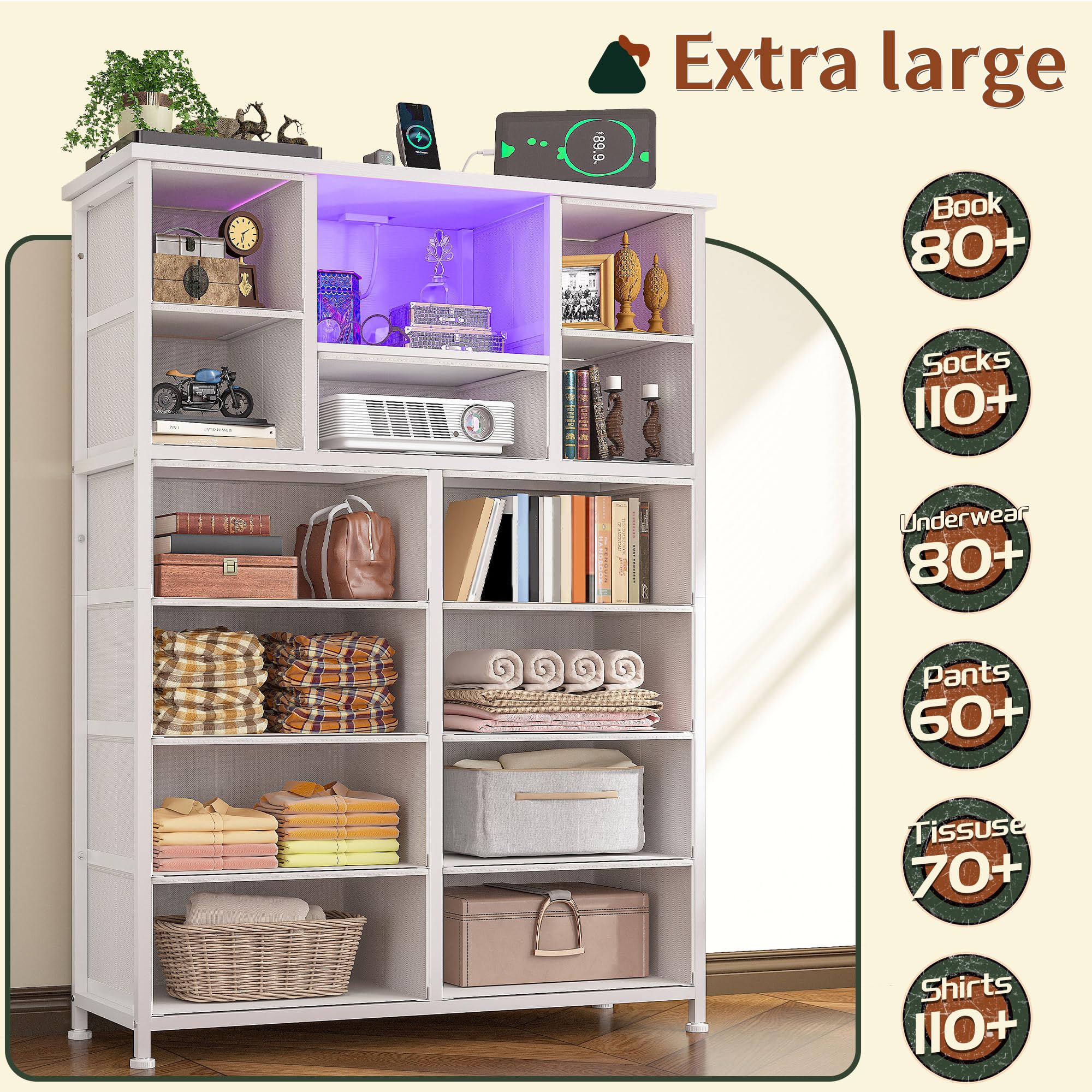 13-Drawer Dresser with LED Lighting and Charging Ports