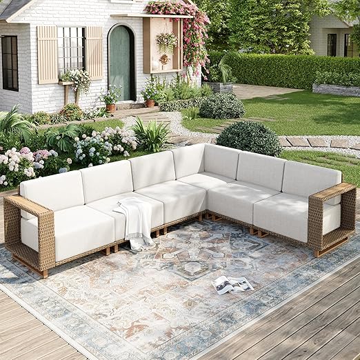 6-Piece Sectional Rattan Wicker Sofa with 10-Inch Cushions