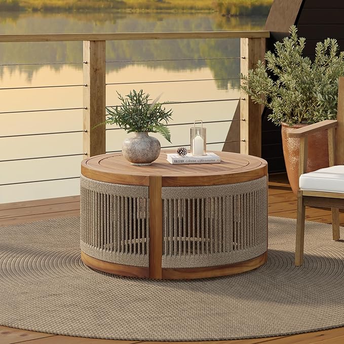Outdoor Coffee Table - 17" Rope Acacia Wood Round Side Table
