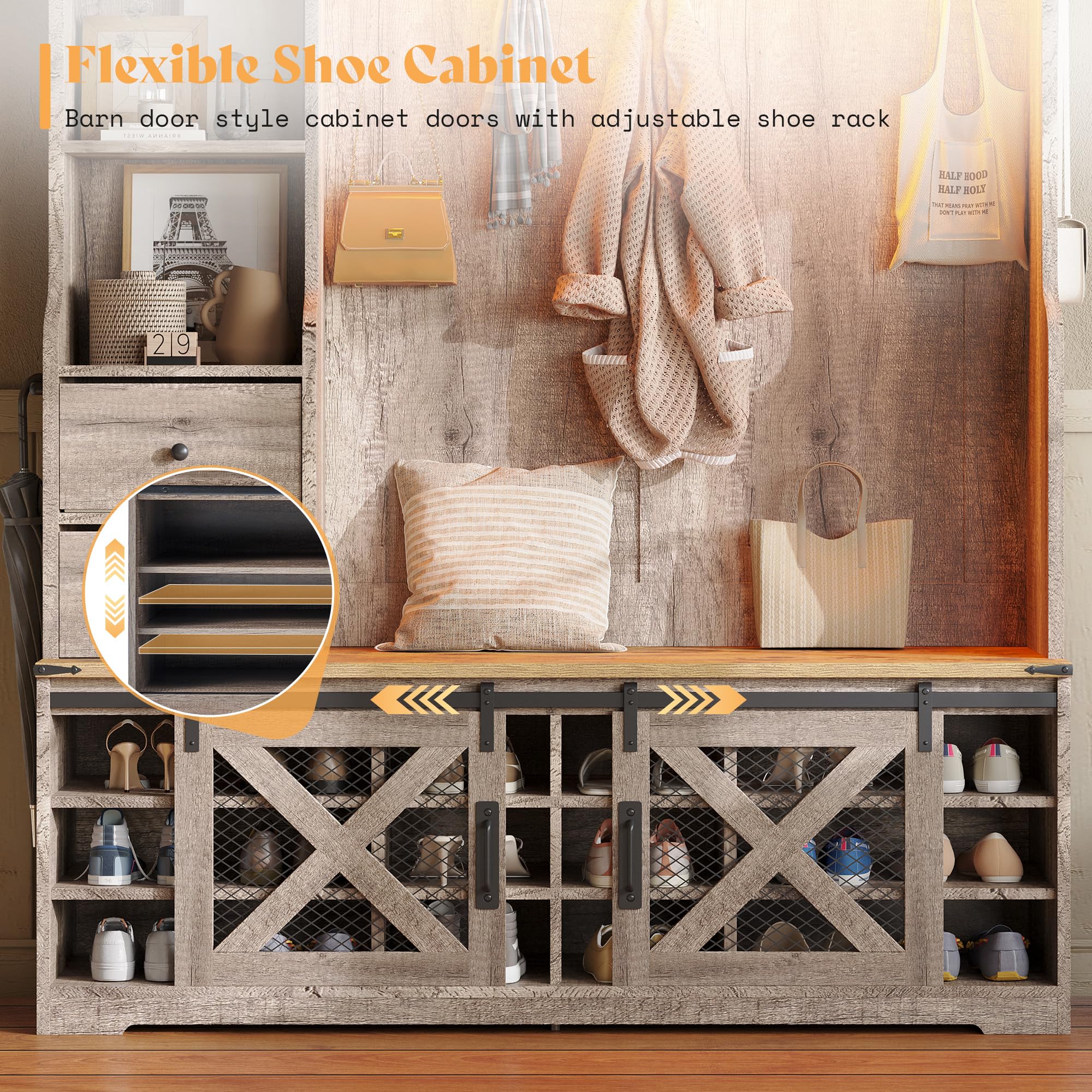 Farmhouse Hall Tree with Bench and Shoe Cabinet