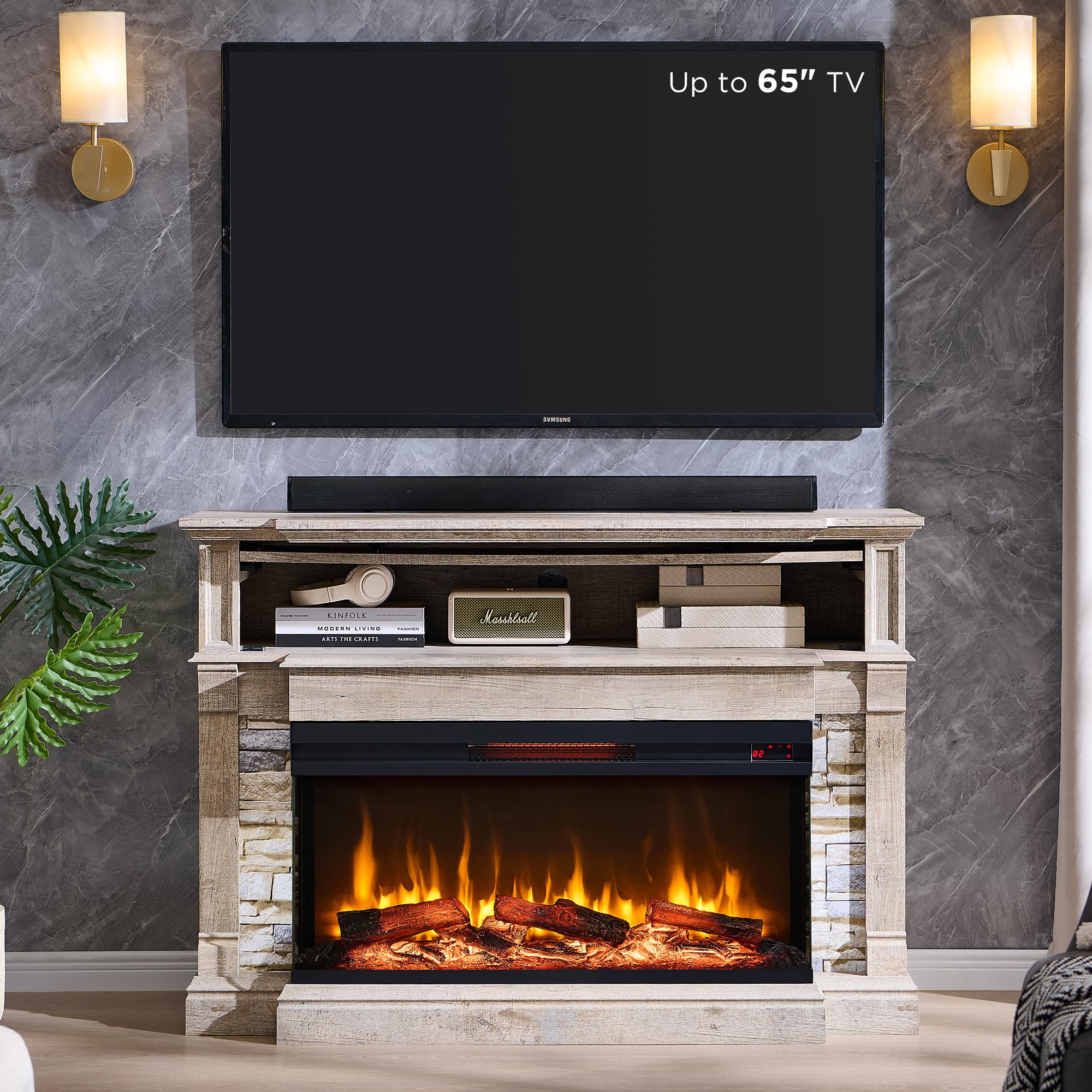 52" Electric Fireplace TV Stand with 3-Side Glass Insert and Storage