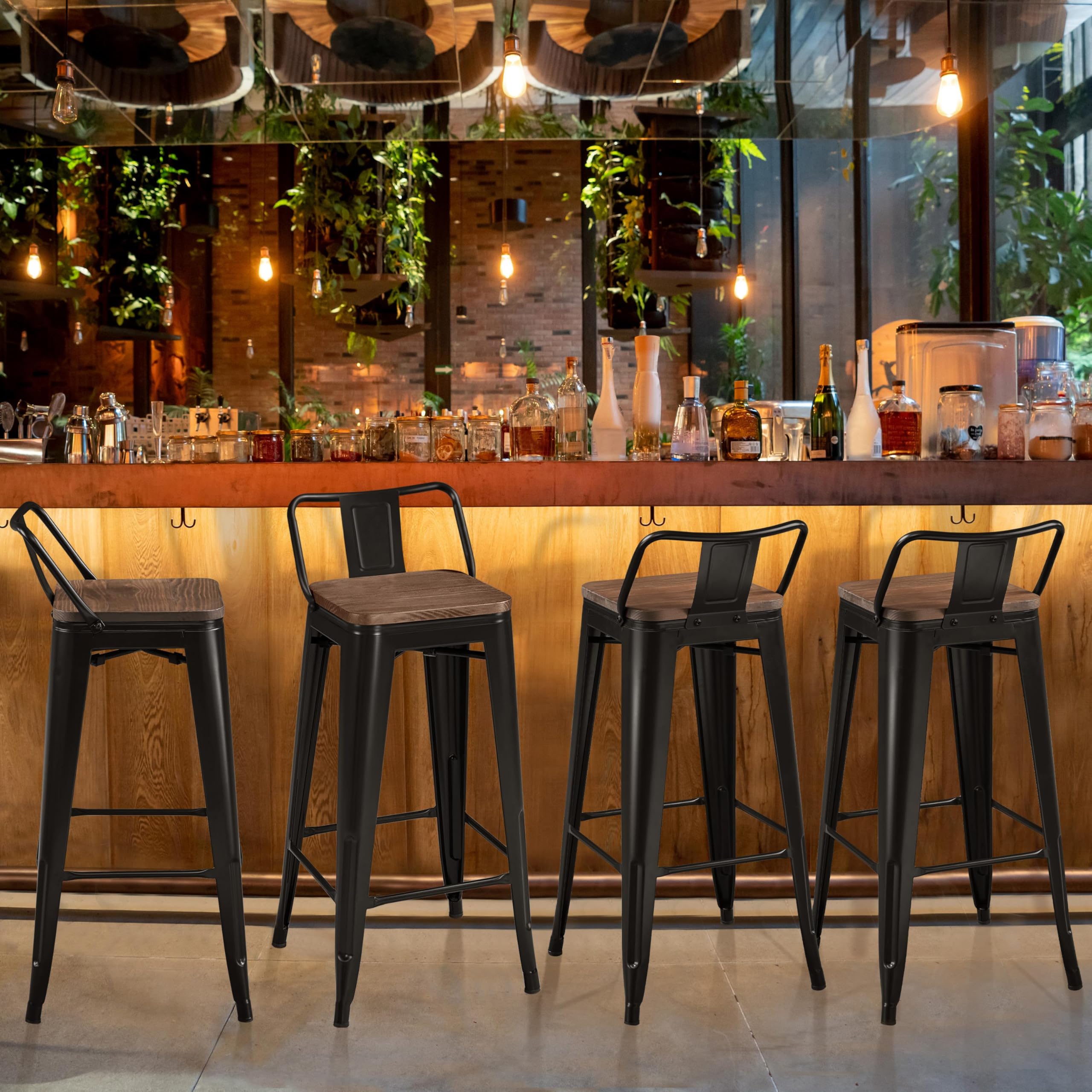 30" Metal Bar Stools Set of 4 with Wooden Seat and Low Back