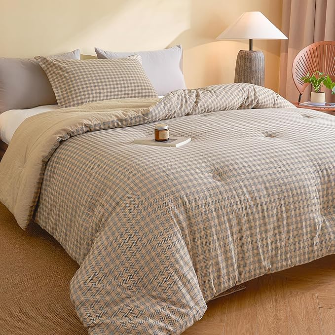 3-Piece Queen Cotton Comforter Set Grey White Plaid