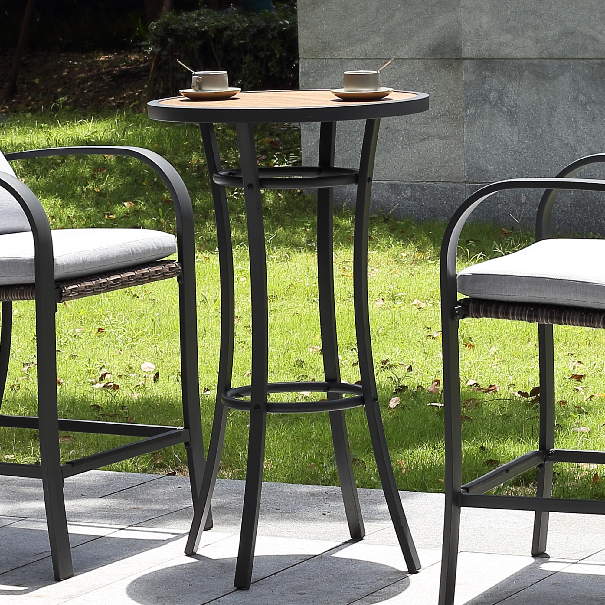 Round Bar Height Patio Table with Wood-Like Top