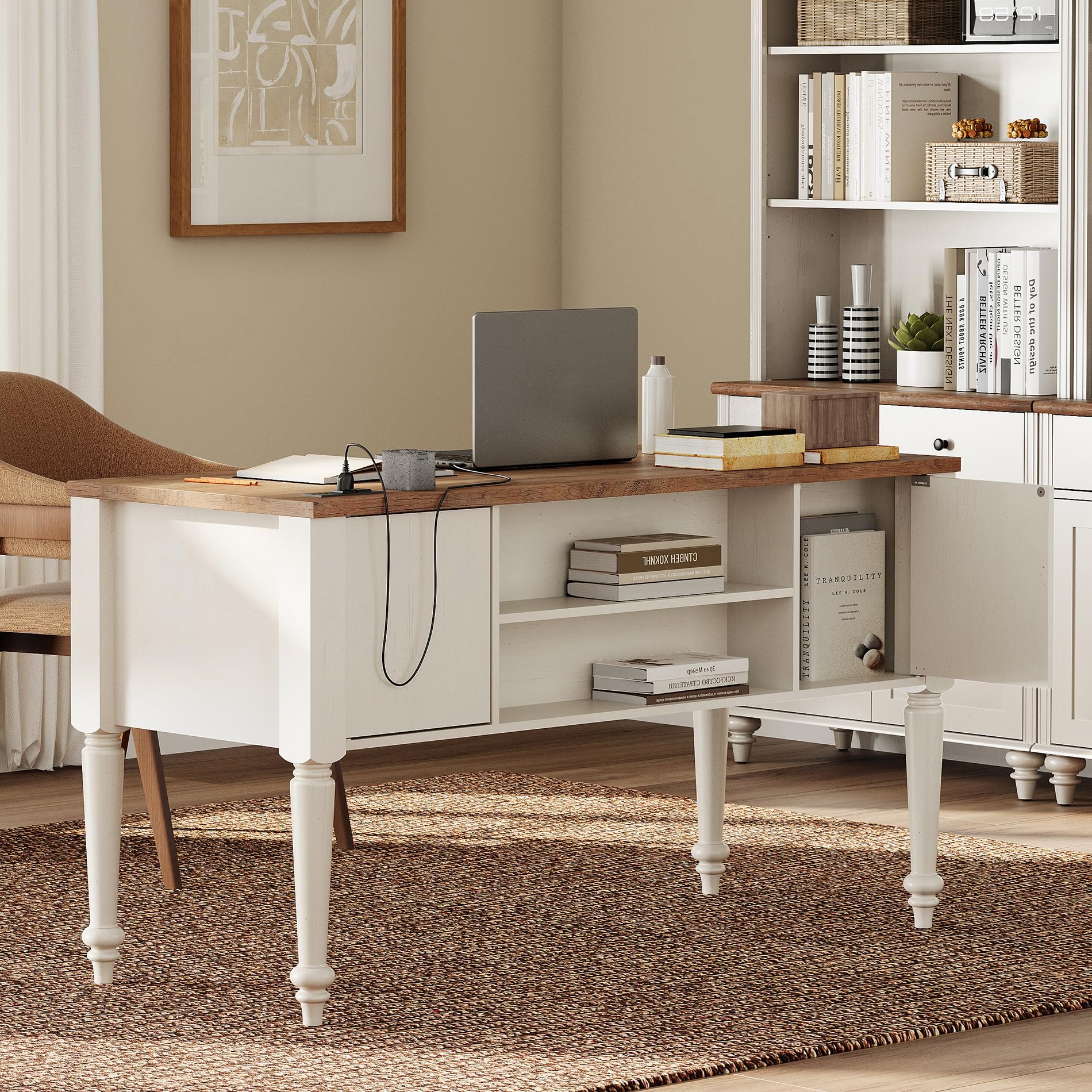 56" Executive Desk with Charging Station and File Cabinet Set