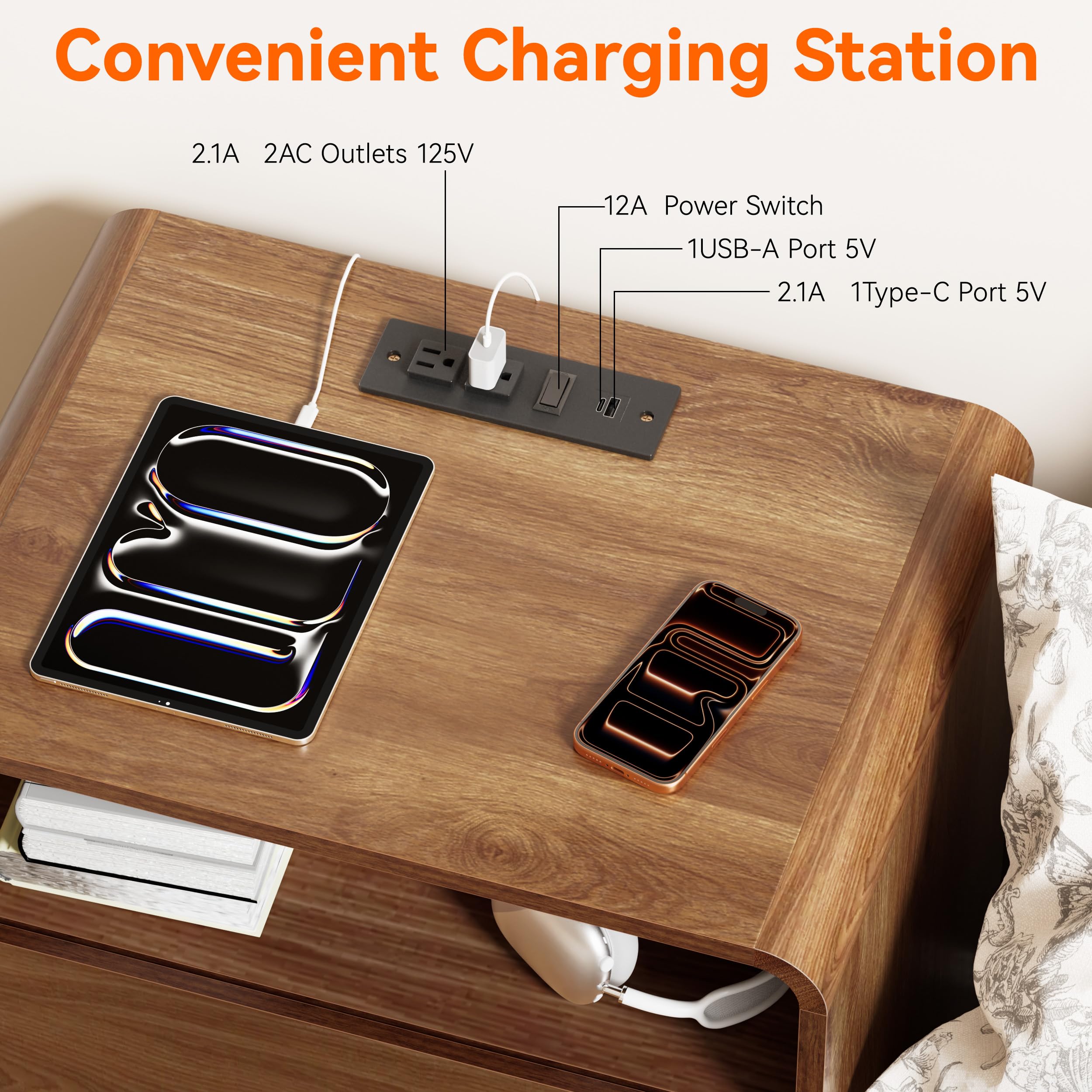 Modern Nightstand with Hidden Drawers and Charger Station