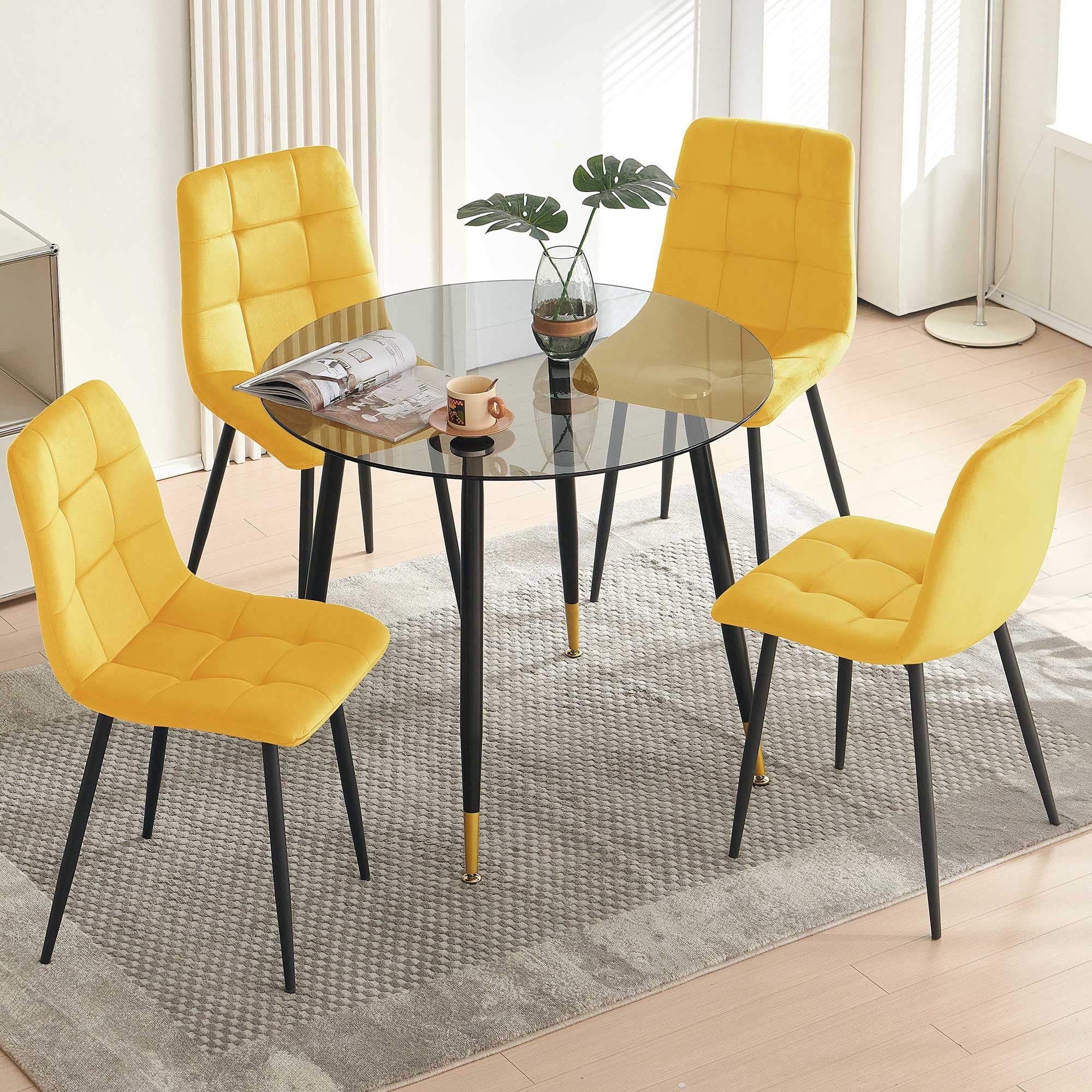 5-Piece Modern Dining Set with Round Tempered Glass Table & Yellow Velvet Chairs