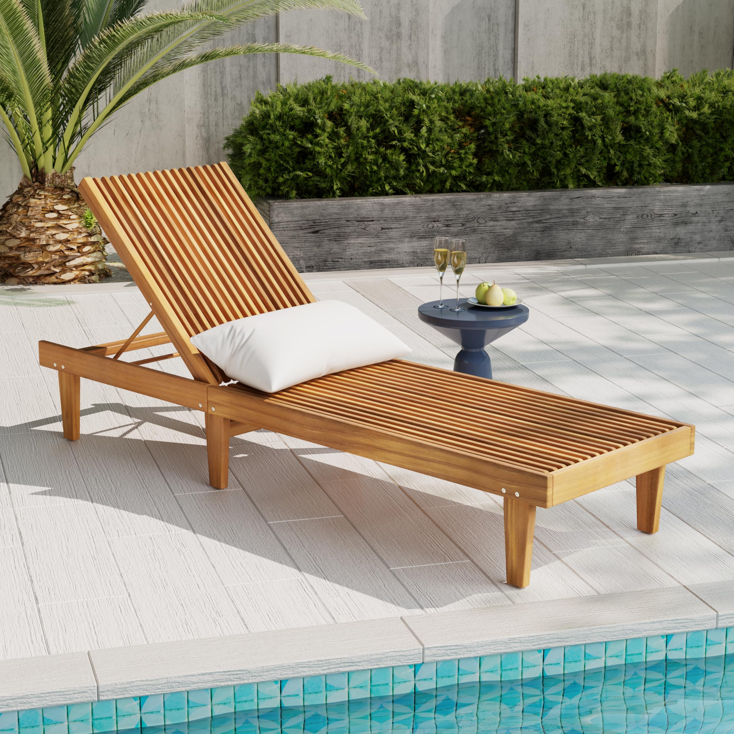 Acacia Wood Chaise Lounge Chair with 5-Position Adjustable Backrest