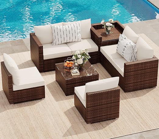 7-Seat PE Rattan Wicker Outdoor Sectional Conversation Set with Coffee Table