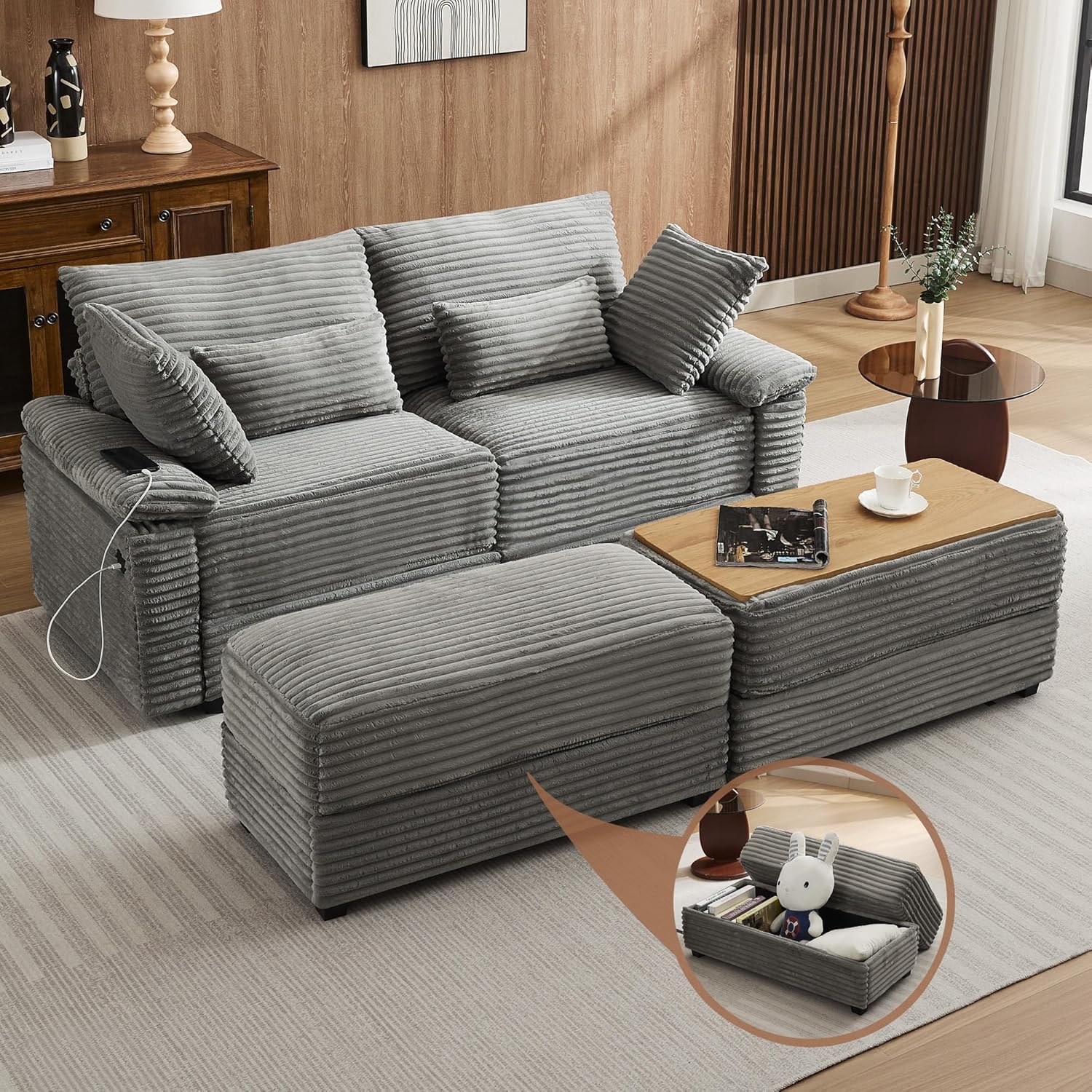 Corduroy Loveseat with Storage Ottoman and USB Port
