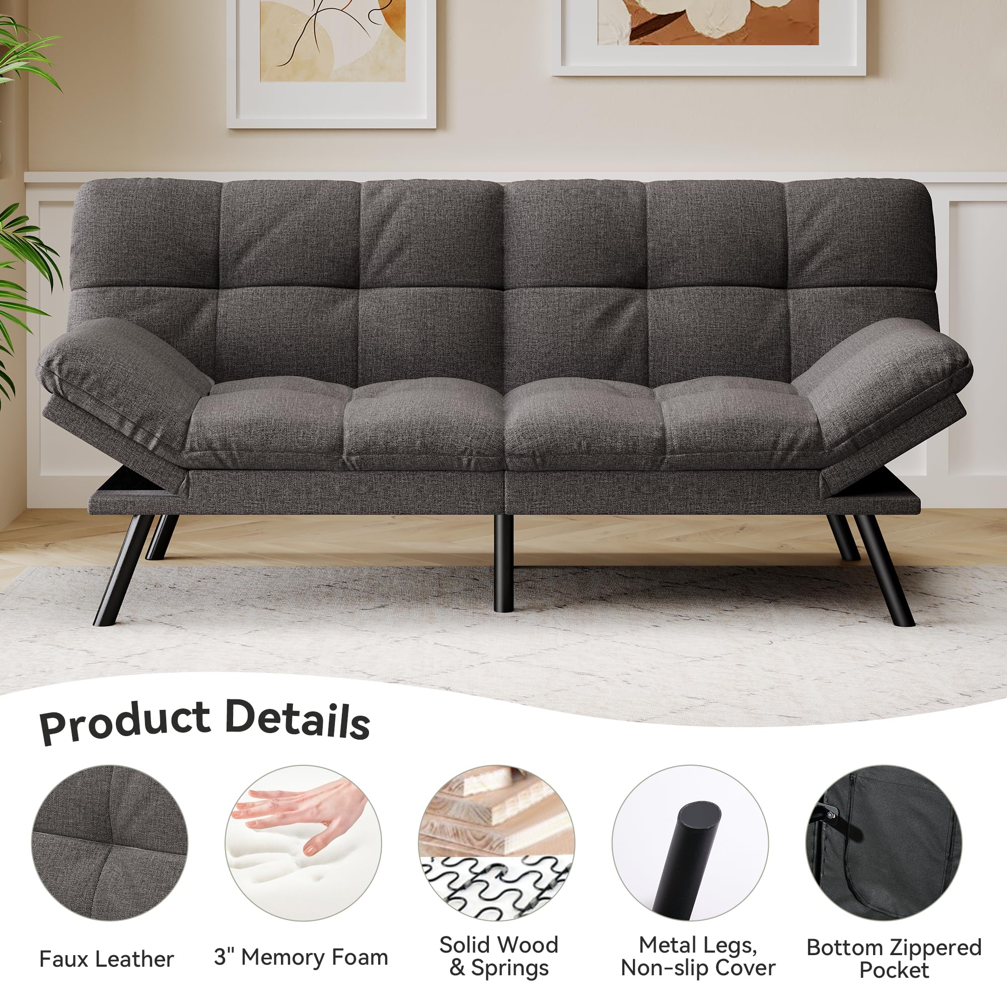 Convertible Futon Sofa Bed with Memory Foam