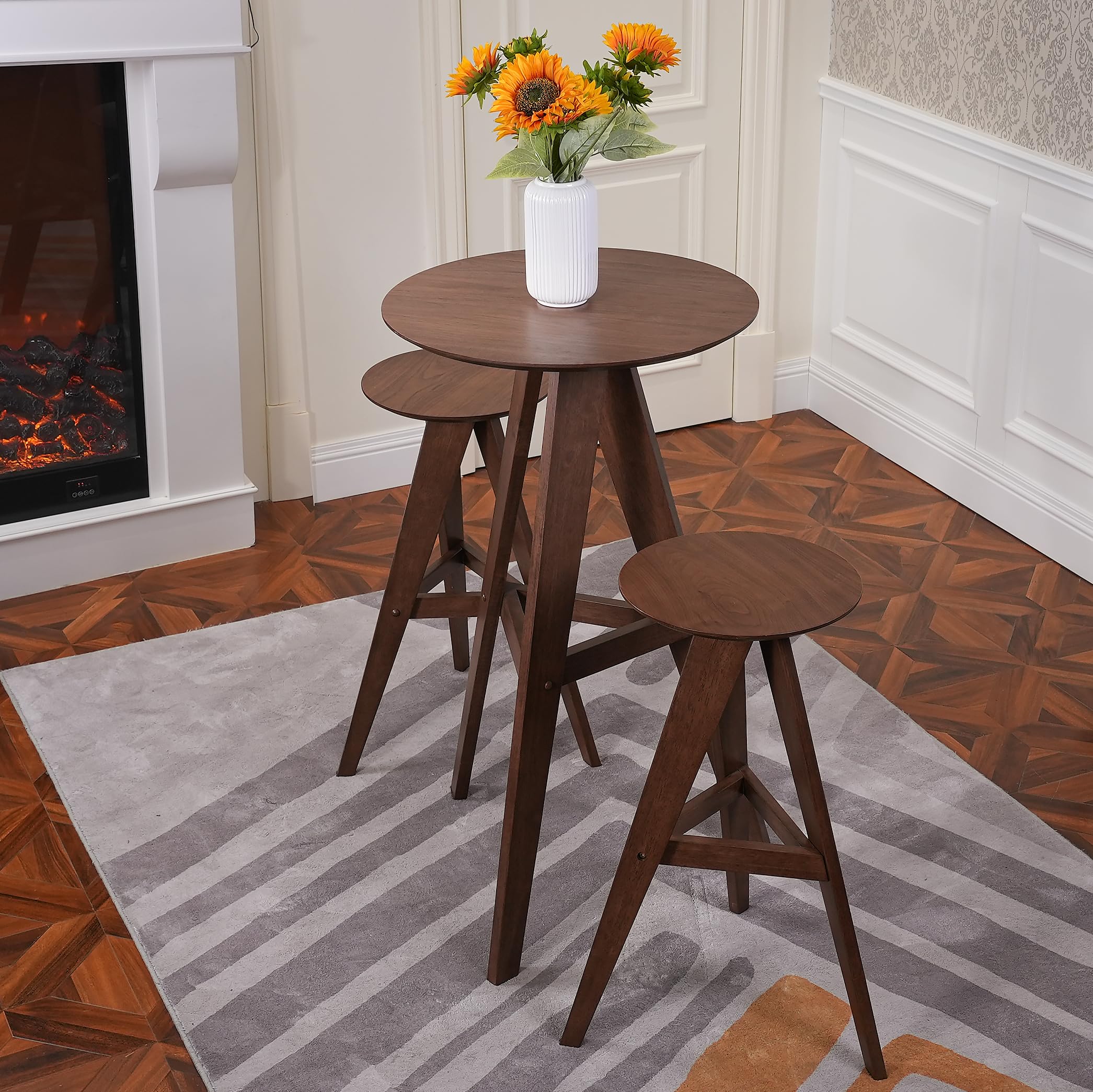 Round Wood Bar Table Set with 2 Stools