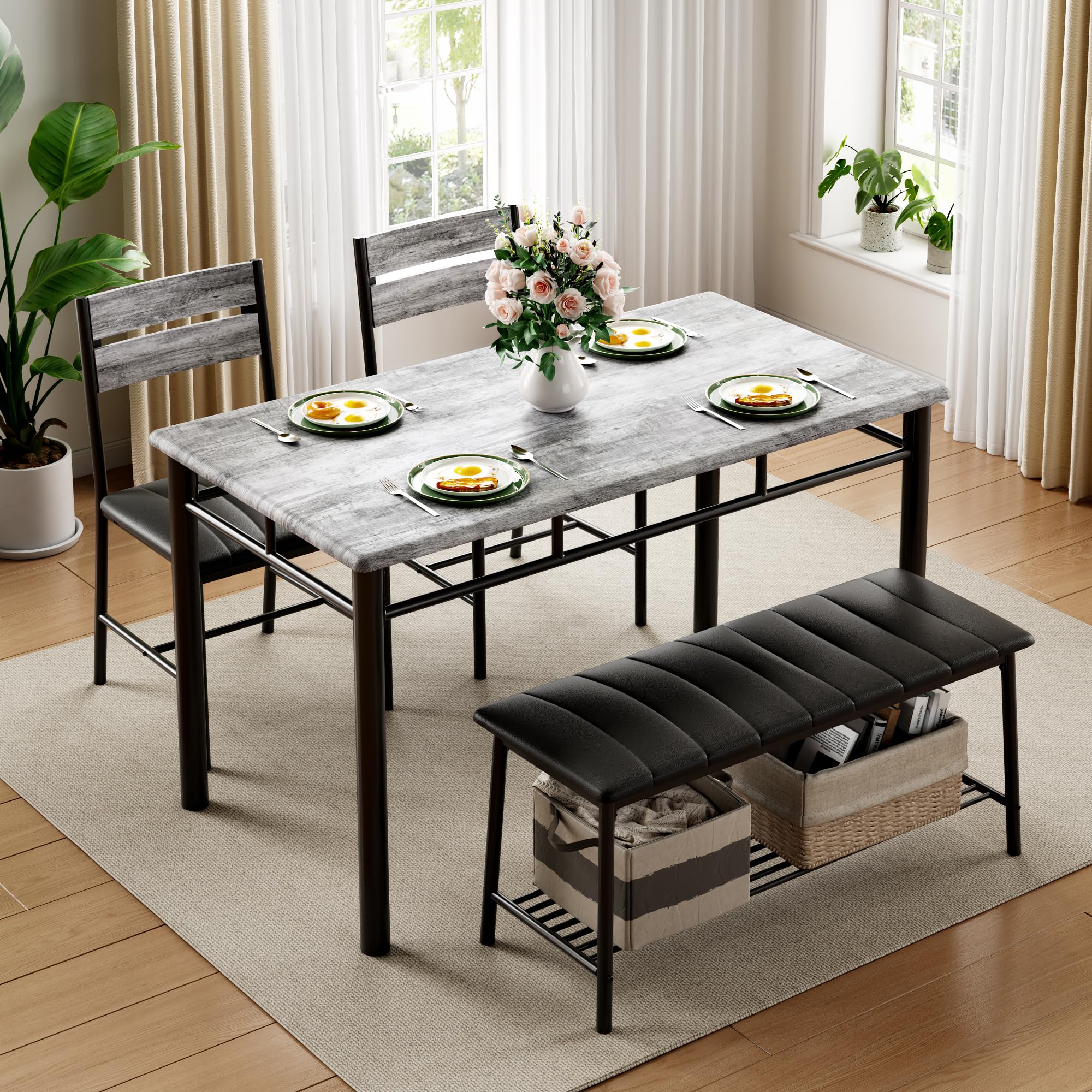 4-Piece Dining Table Set with Upholstered Bench