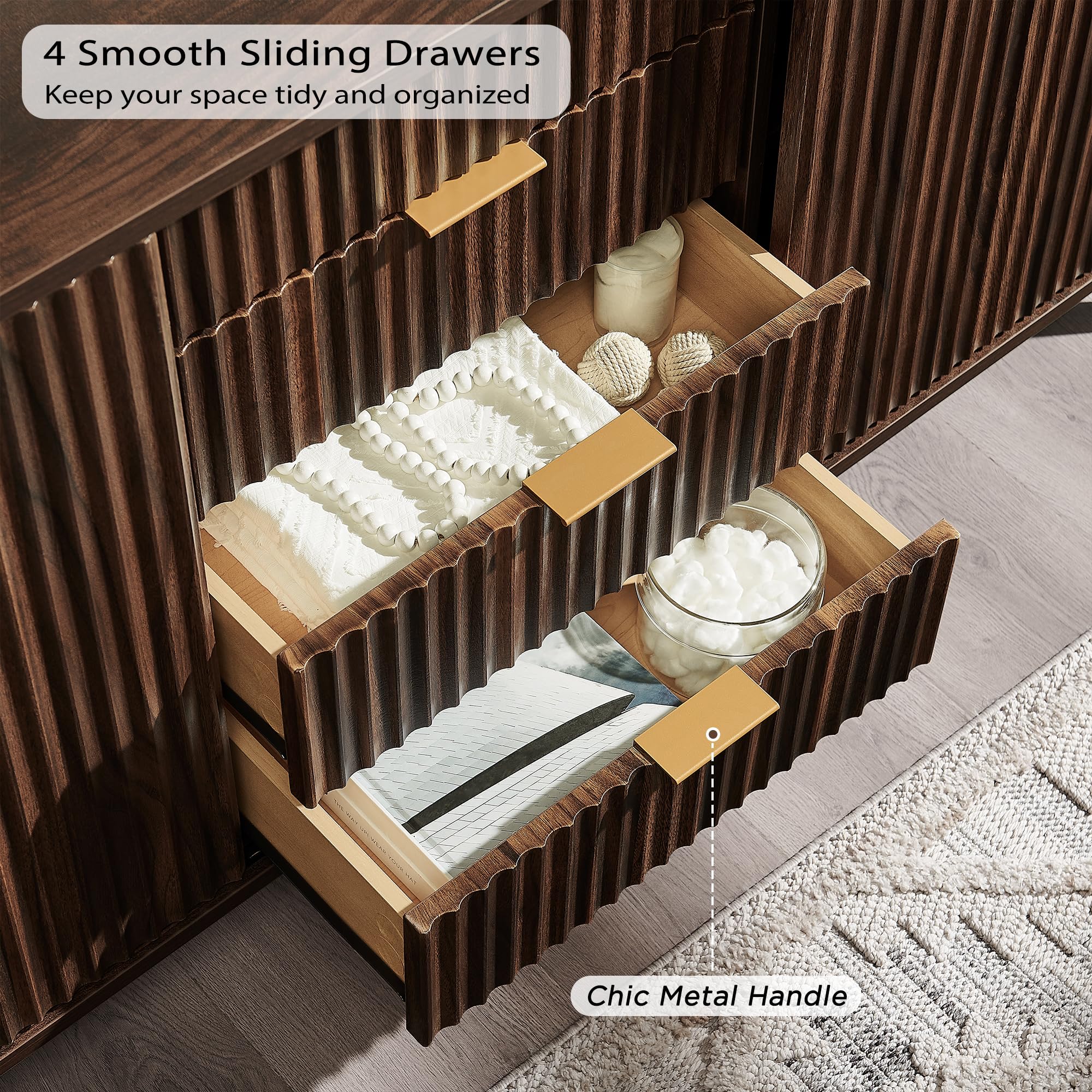 60" Fluted Dresser with Sliding Doors and 4 Drawers