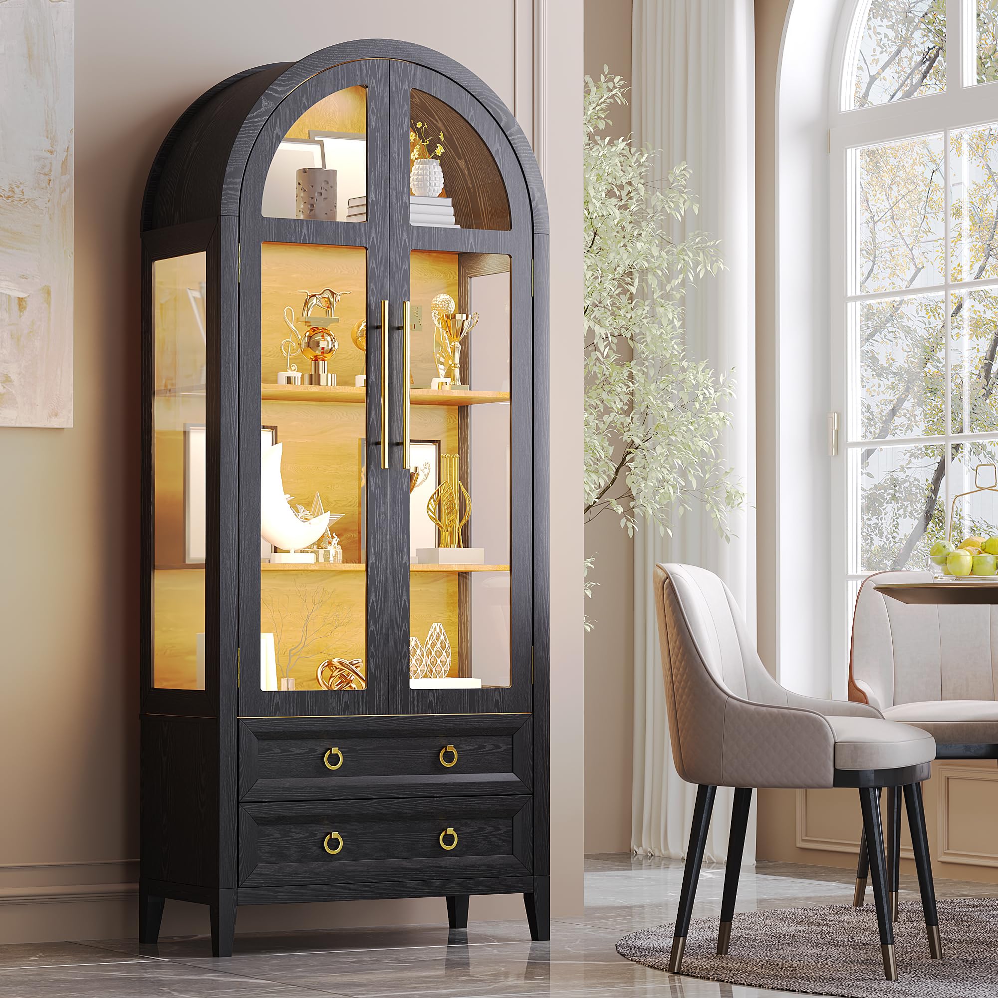 71" Arched Display Cabinet with LED Lights and Glass Doors