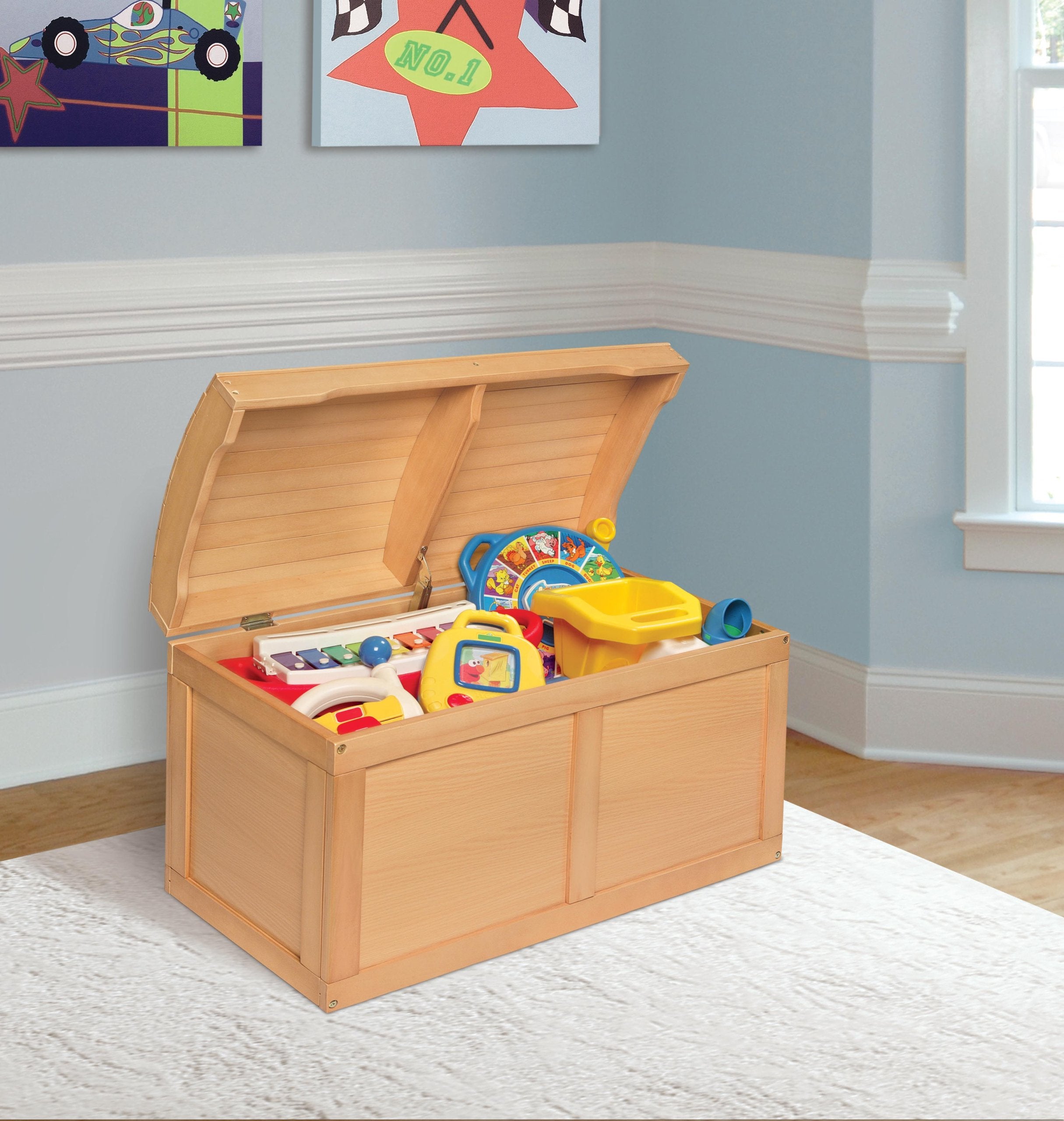 Barrel-Top Wooden Toy Chest with Safety Hinge