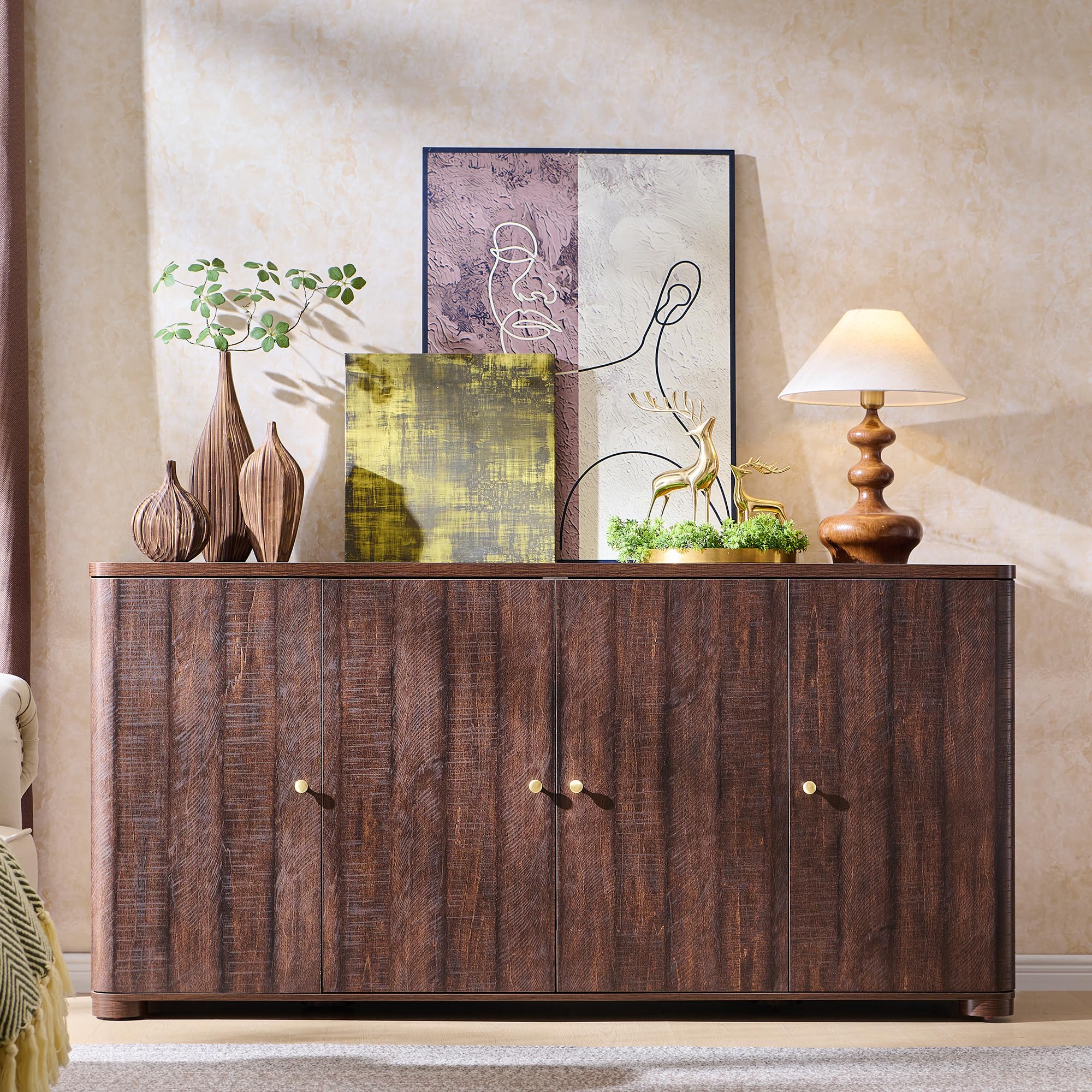 66" Curved Buffet Cabinet with 4 Doors and Shelves