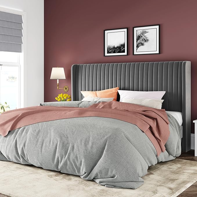 Queen Size Velvet Platform Bed Frame with Tufted Wingback Headboard