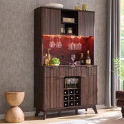 72" Tall Wine Bar Cabinet with Storage Hutch and LED Lights