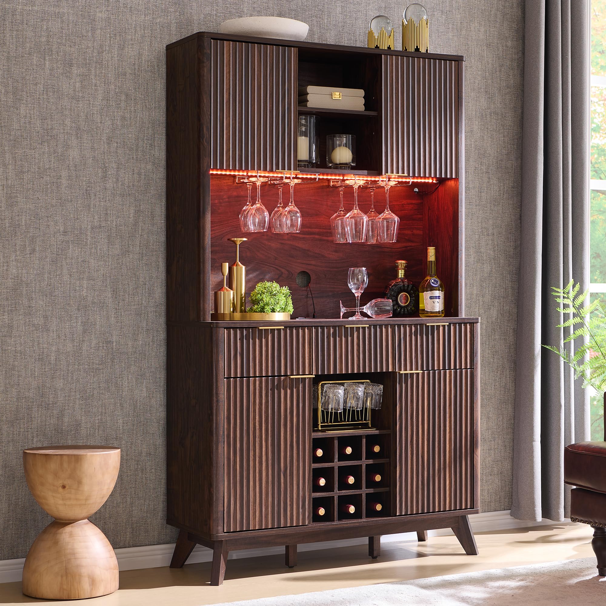 72" Tall Wine Bar Cabinet with Storage Hutch and LED Lights