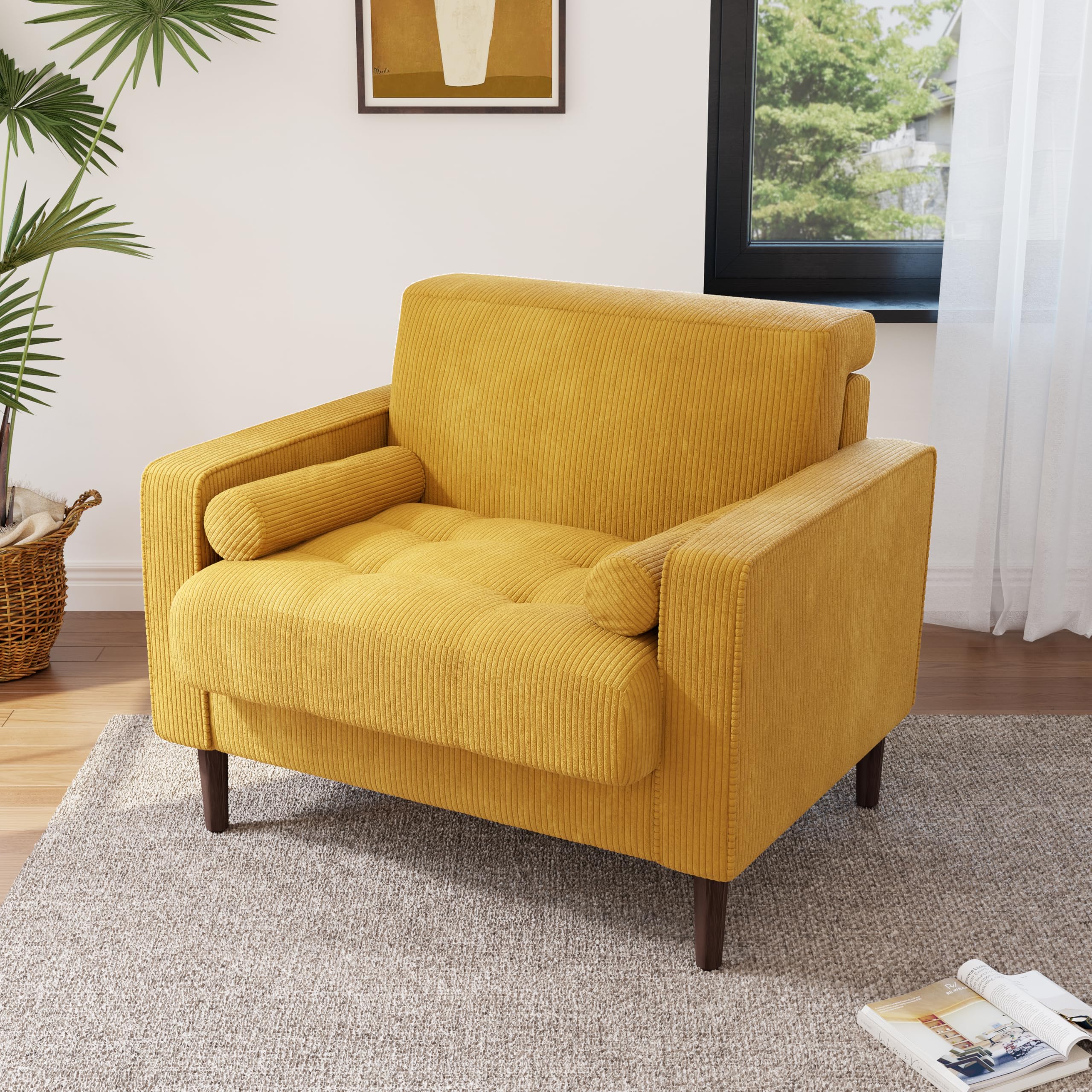 Corduroy Accent Chair with Large Seat - Yellow